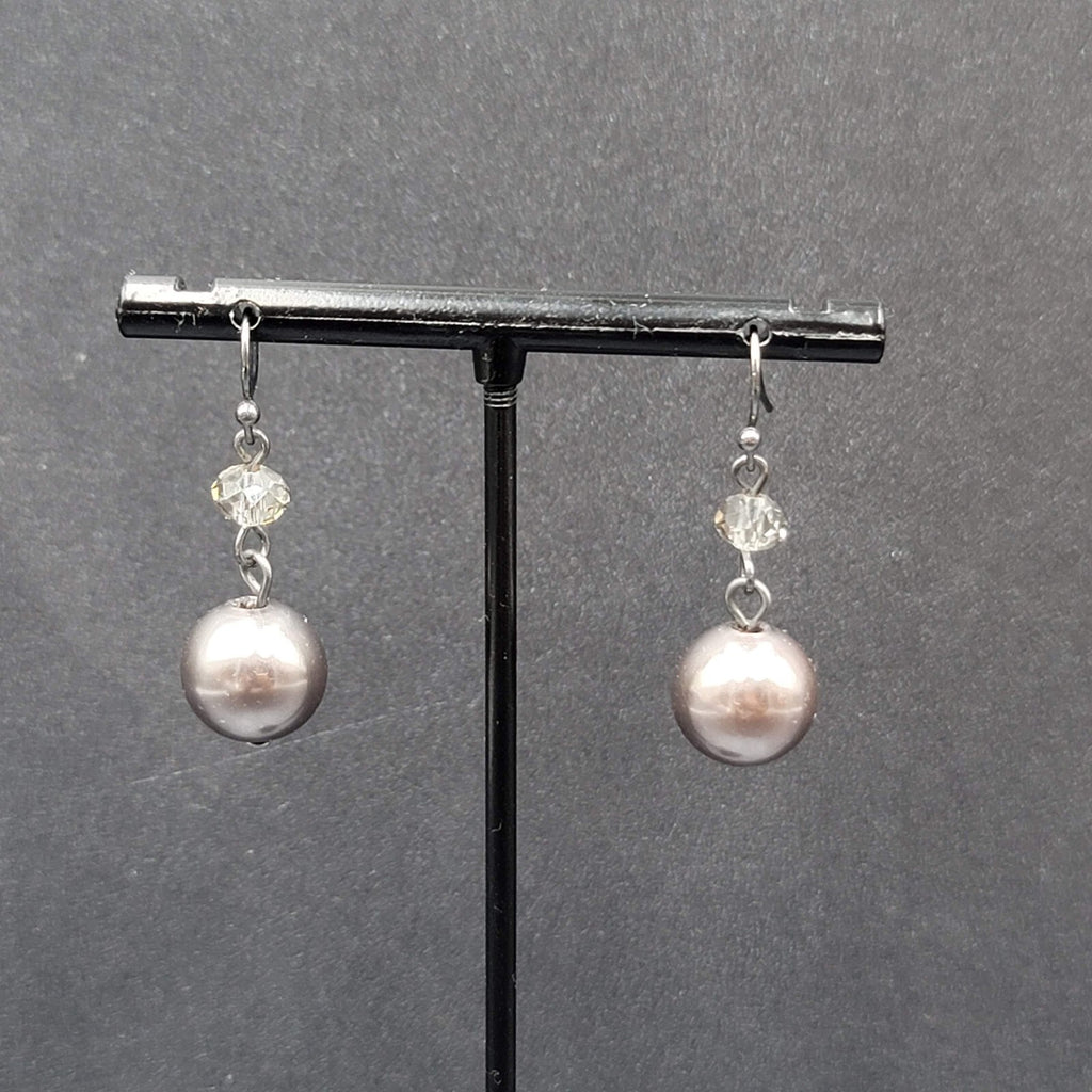 Pierced Earrings Silver tone Dark Gray Bead Dangle  1"