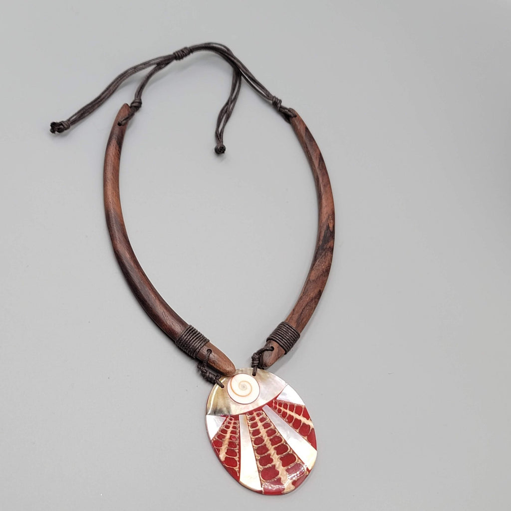 Bohemian Boho Shell Wood Necklace Unique Ethnic Tribal Adjustable Cord