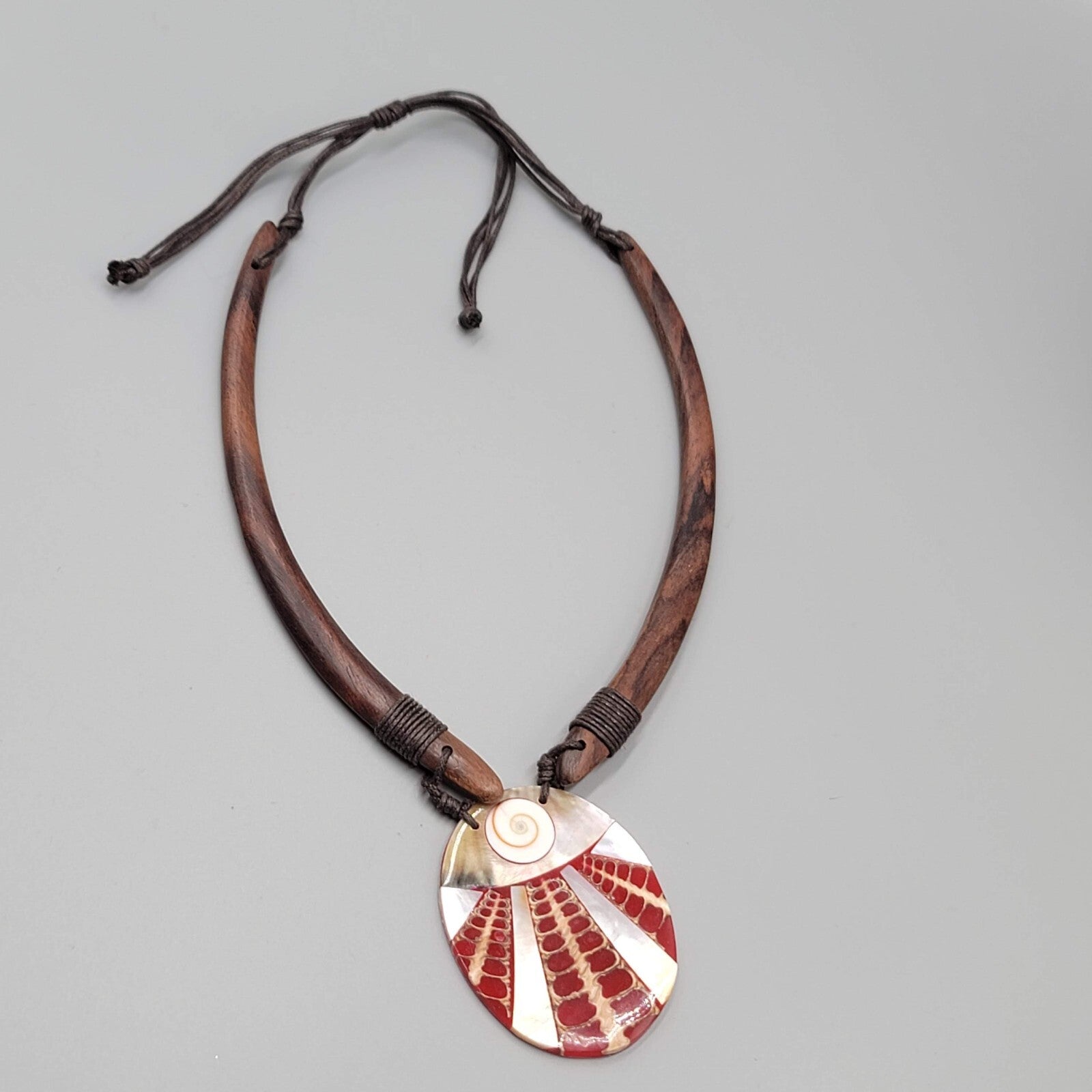Bohemian Boho Shell Wood Necklace Unique Ethnic Tribal Adjustable Cord