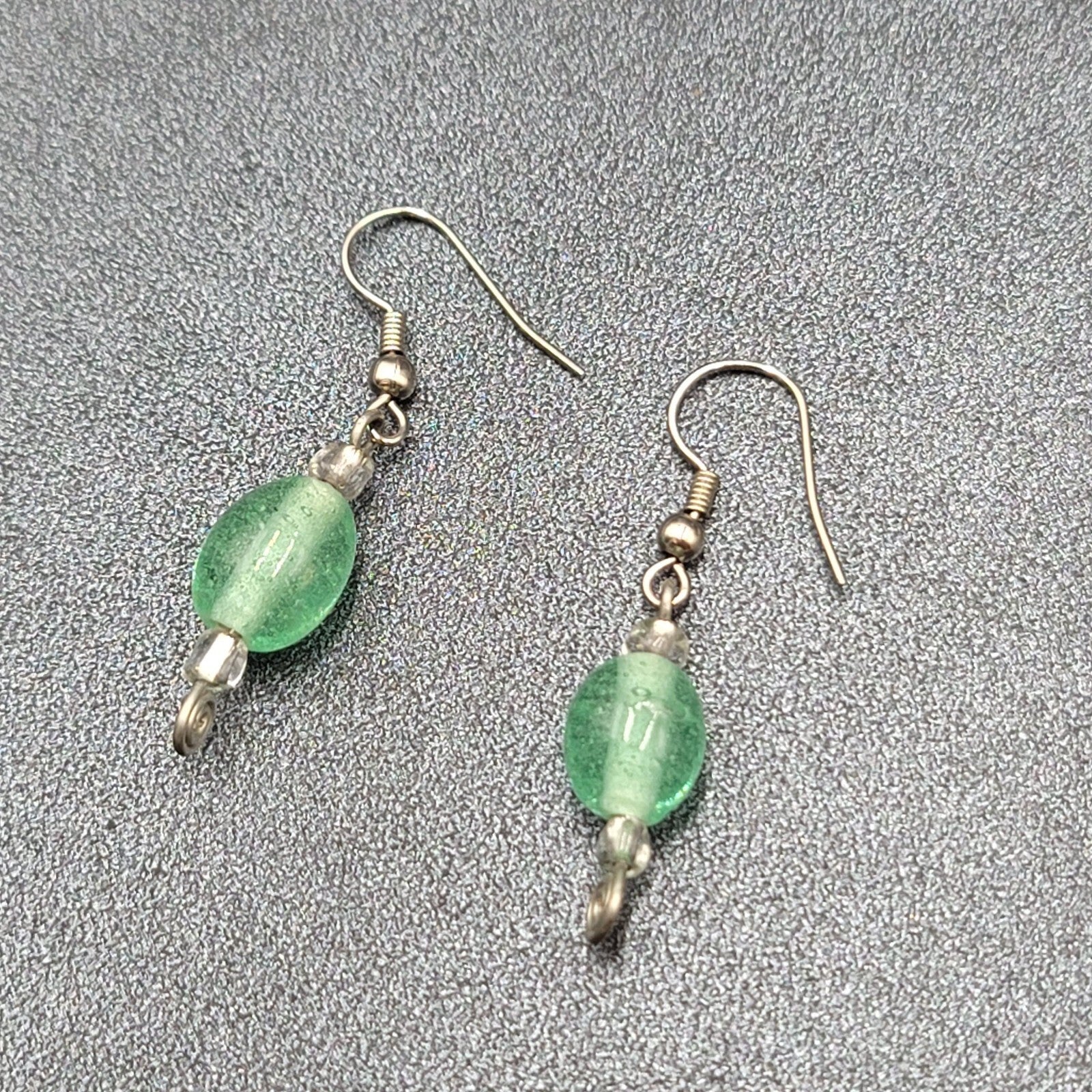 Pierced Earrings Silver tone Green Glass Beads Dangle 1"