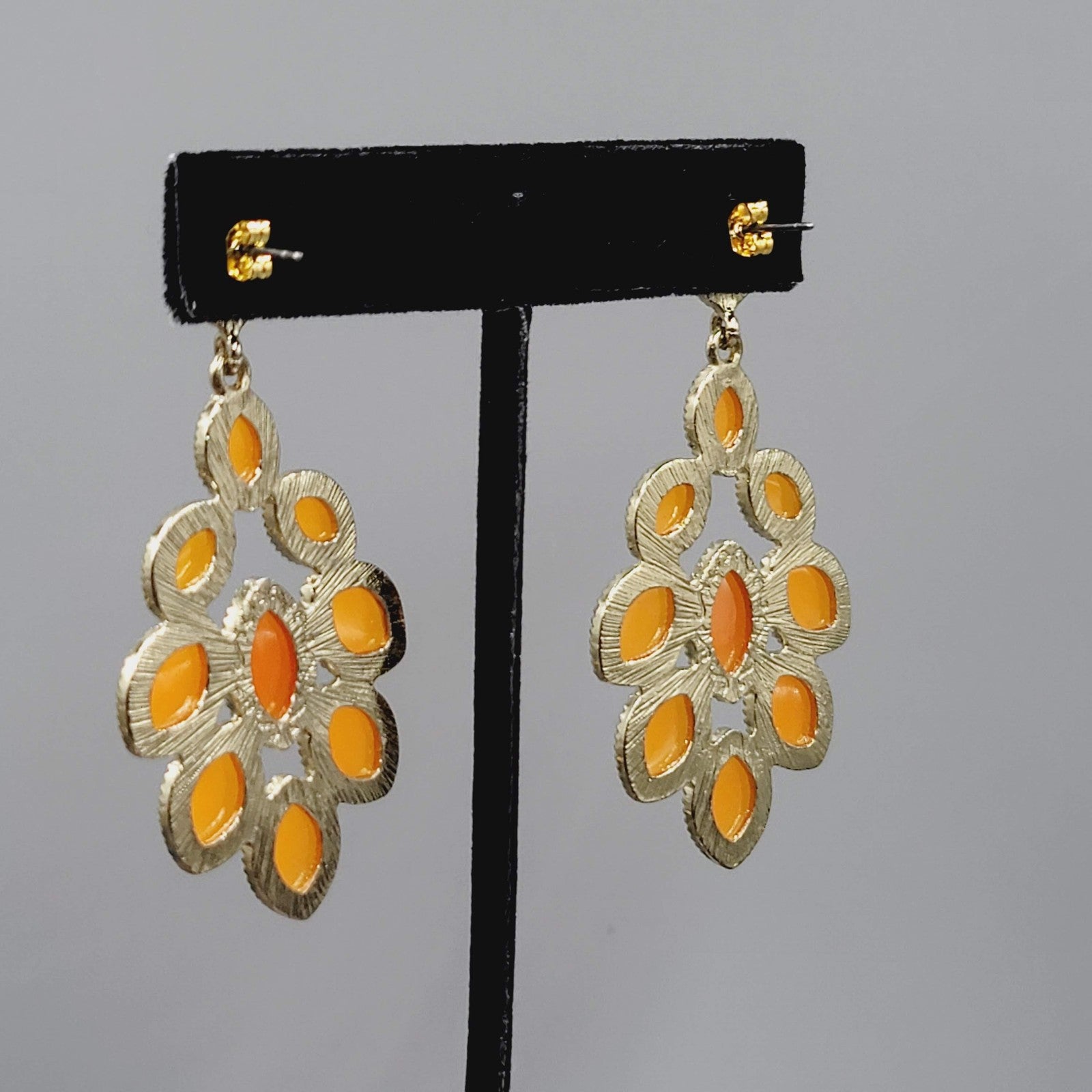Statement Dangle Pierced Earrings Gold Tone Faceted Orange Bold Costume 2.5"