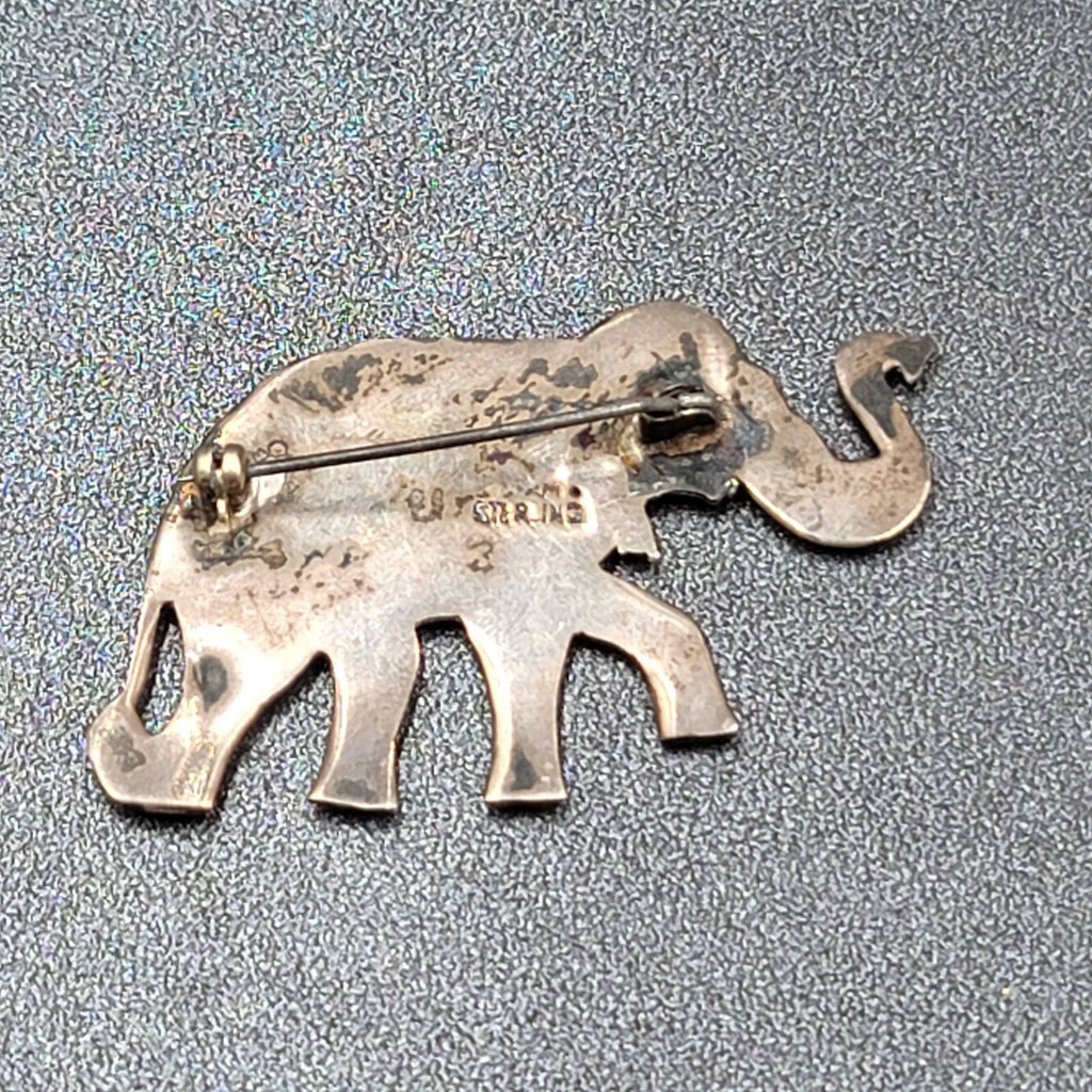 Vintage Sterling Silver Signed Elephant Brooch Enameled White Siam 2"