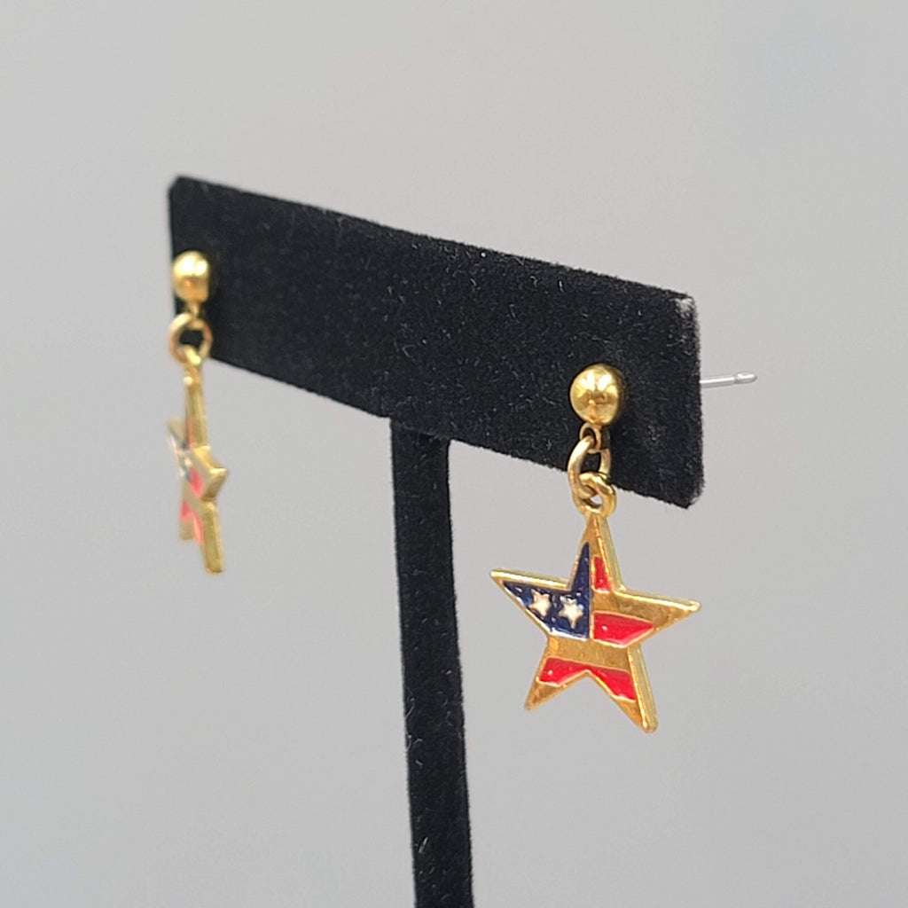 Vintage Patriotic USA Flag Star Pierced Earrings Gold tone Dangle  3/4"