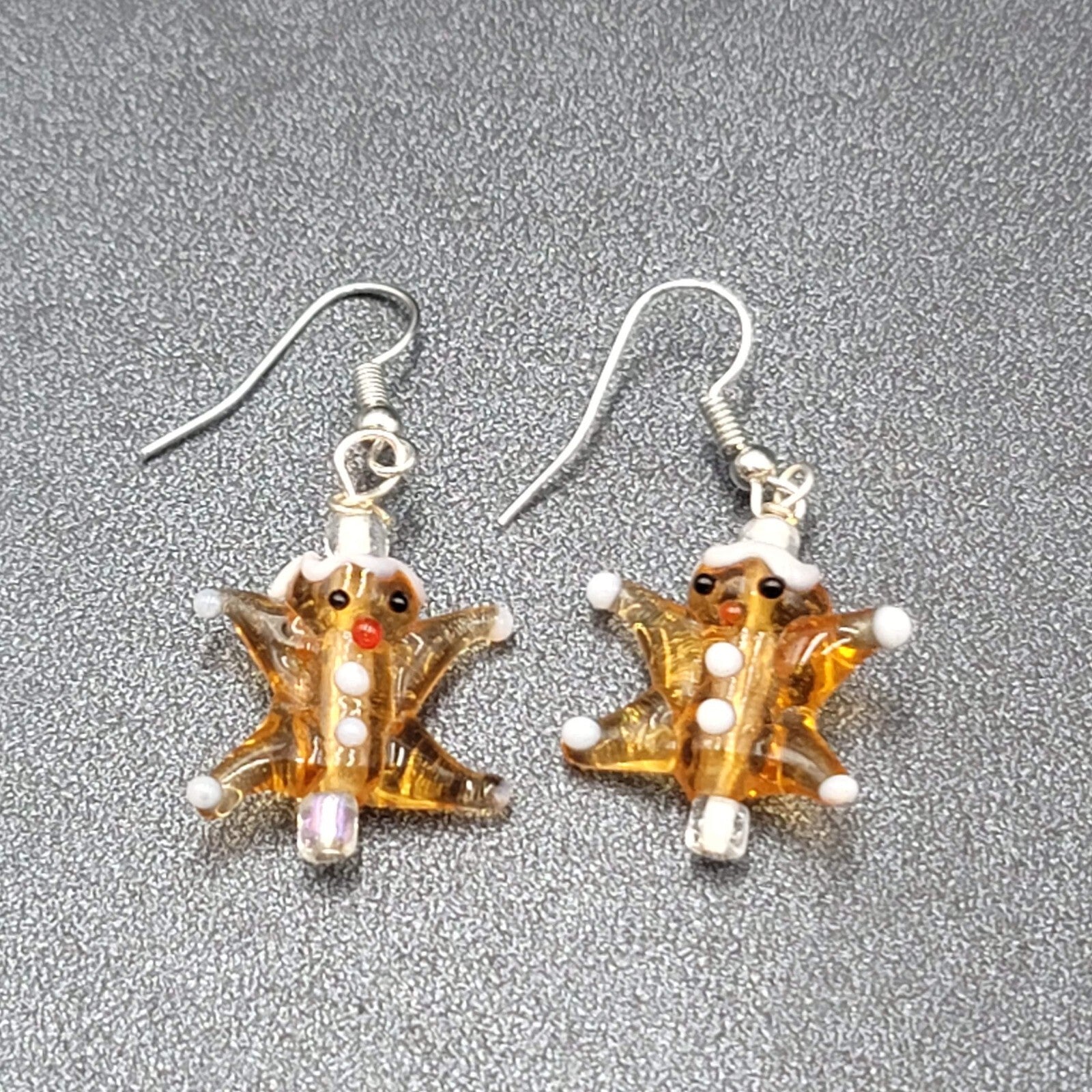 Art Glass Pierced Earrings Gingerbread Star Men Dangle 1"