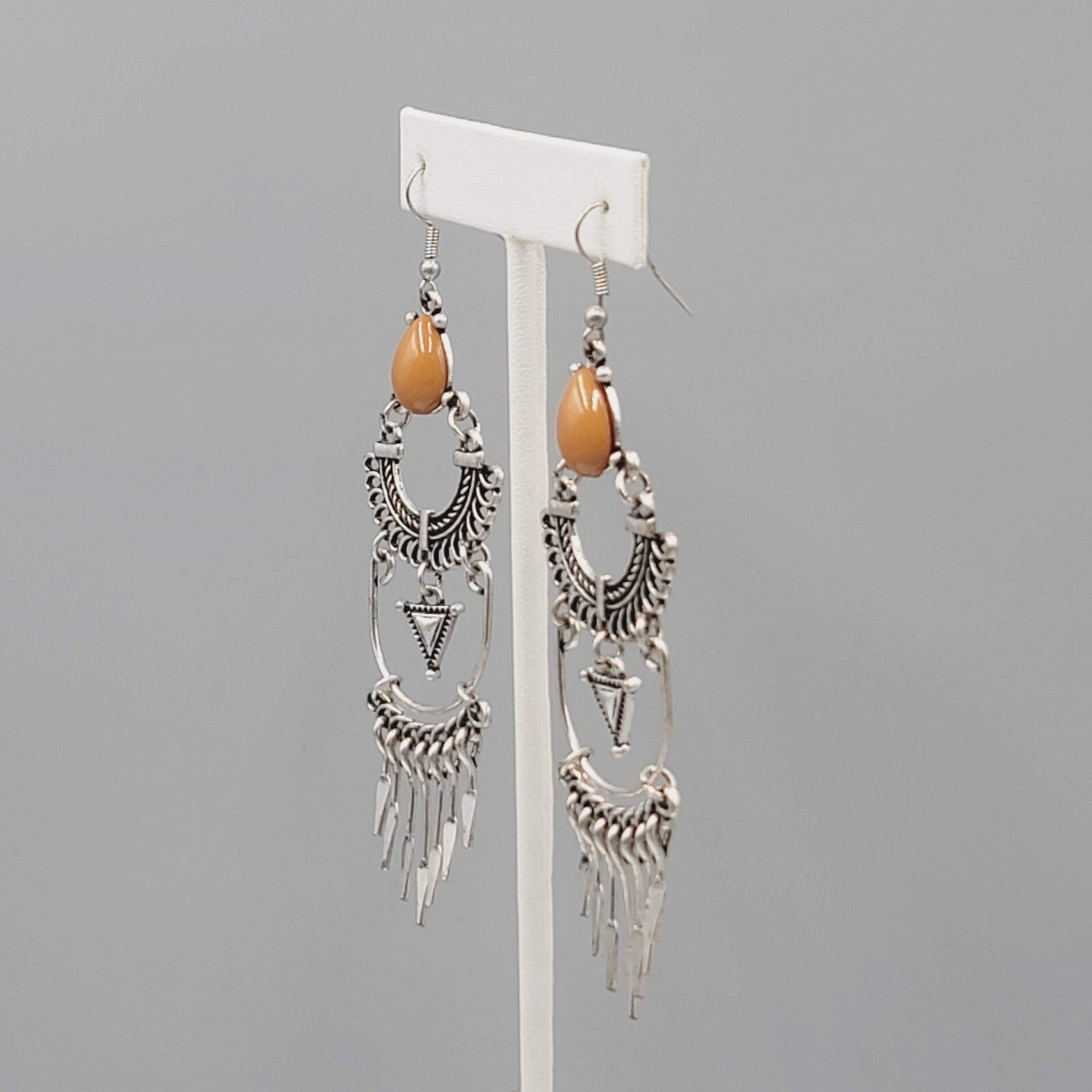 Boho Chandelier Pierced Earrings Silver tone Orange Accent 3 3/8"