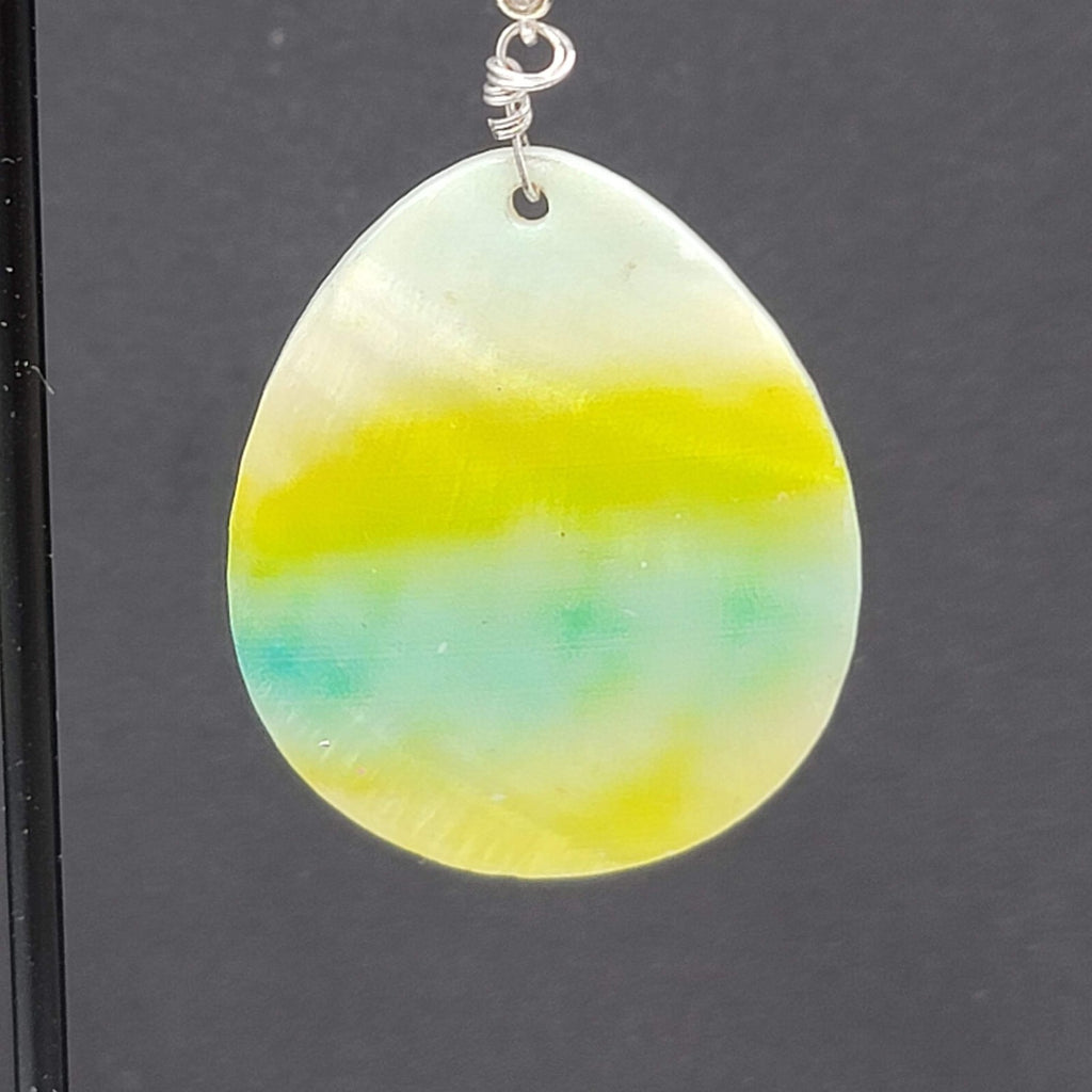 Shell Pierced Earrings Mother of Pearl Yellow Green Teardrop Dangle 1 5/8"