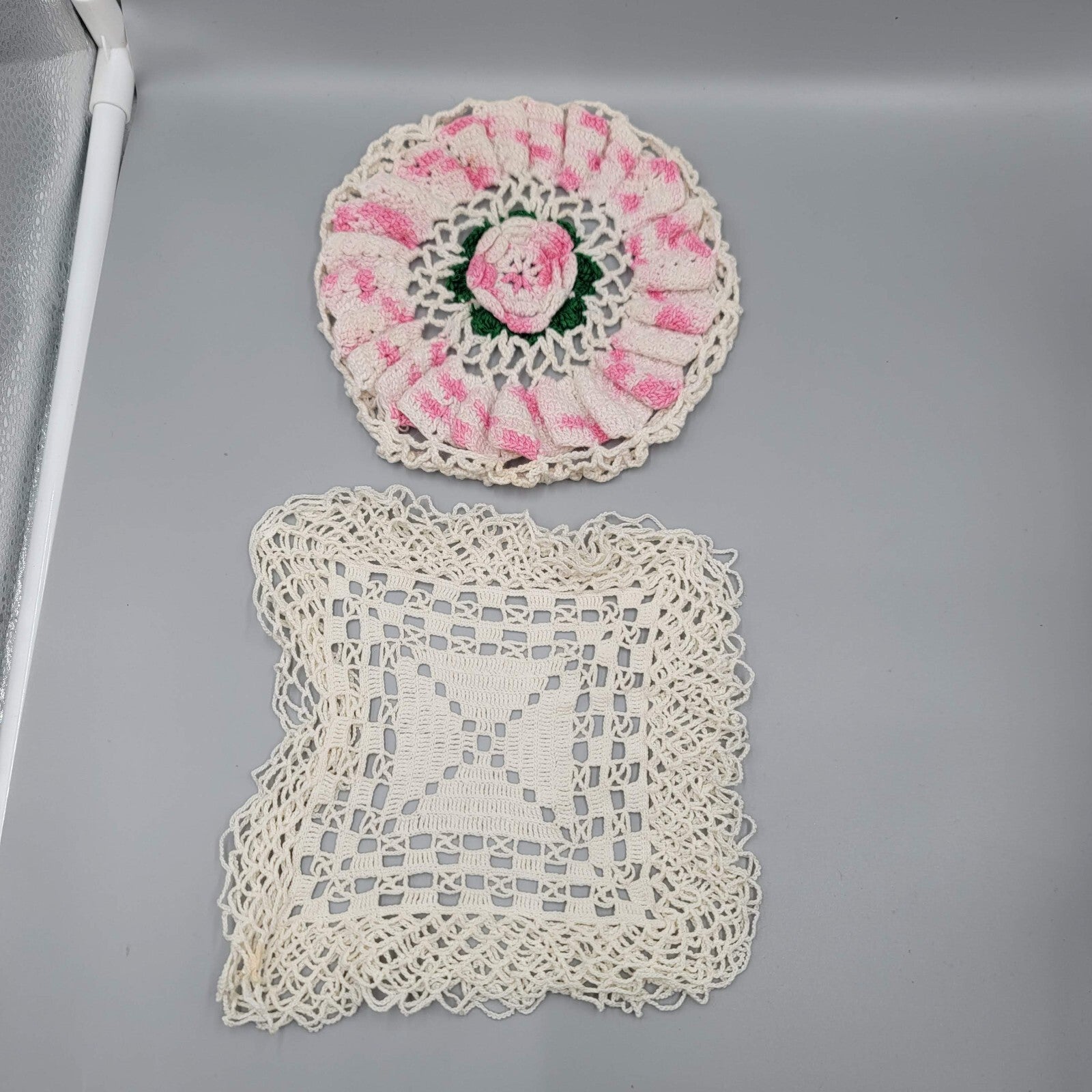 2 Vintage Crocheted Doilies Pink White Green Flowers