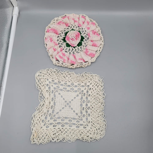 2 Vintage Crocheted Doilies Pink White Green Flowers