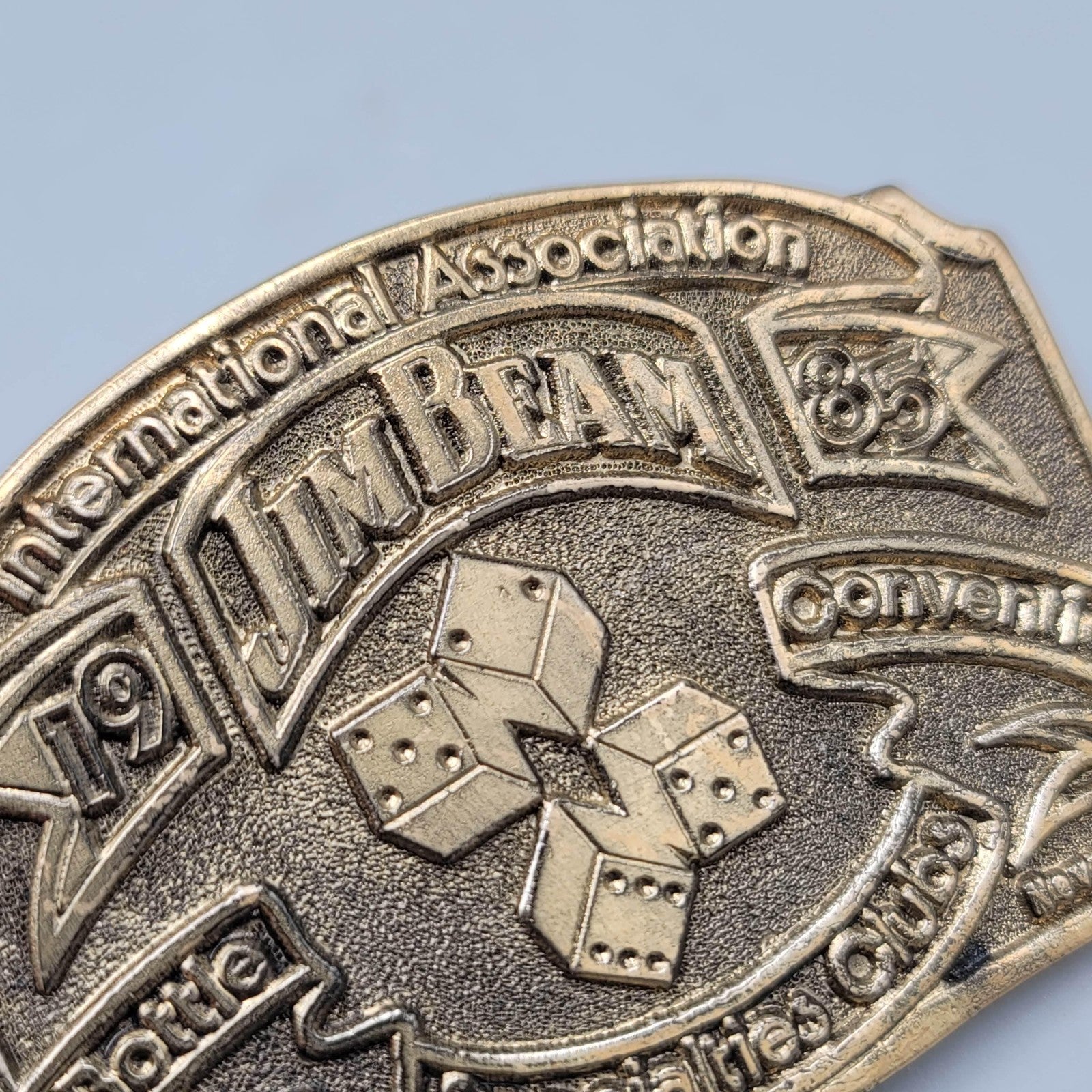 Vintage Jim Beam Belt Buckle Mens Brass Tone 1985 Las Vegas Convention DICE