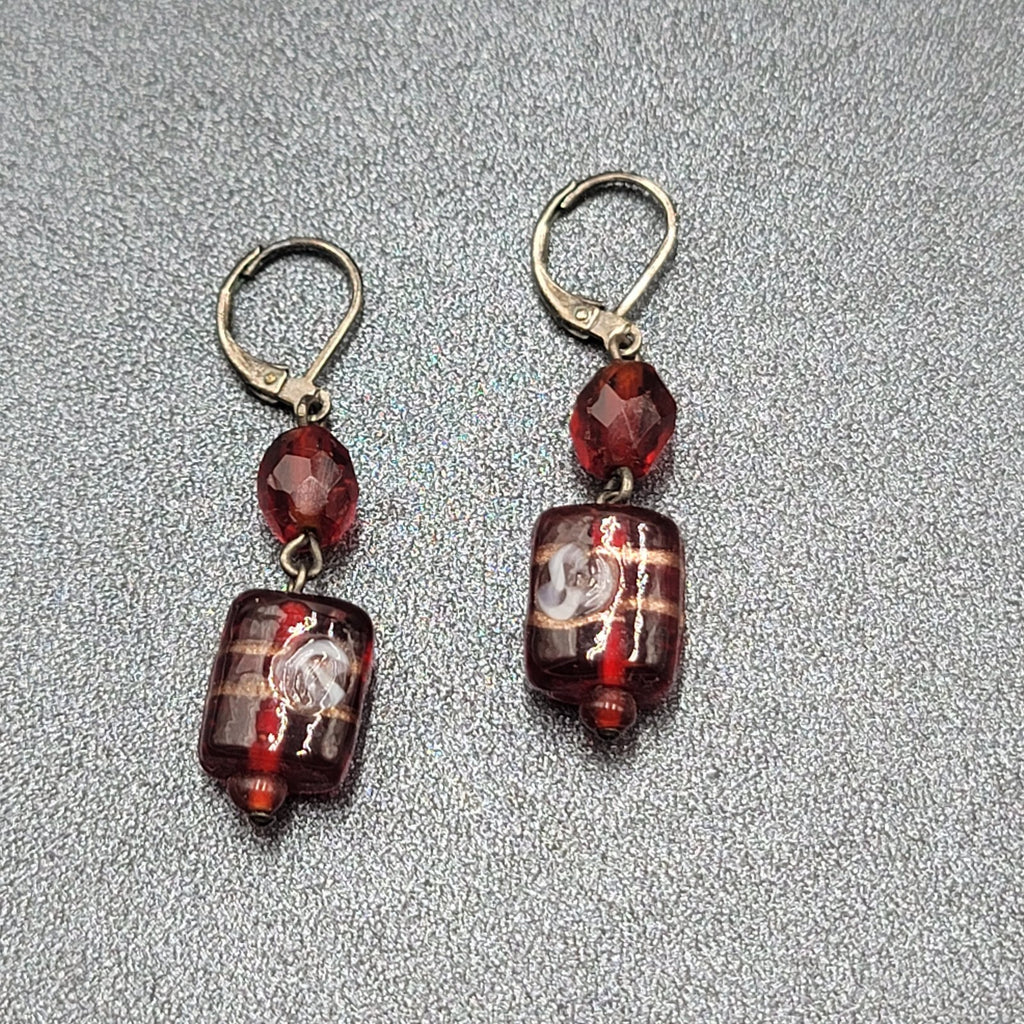 Pierced Earrings Black Metal Red Art Glass Beads 1.25"