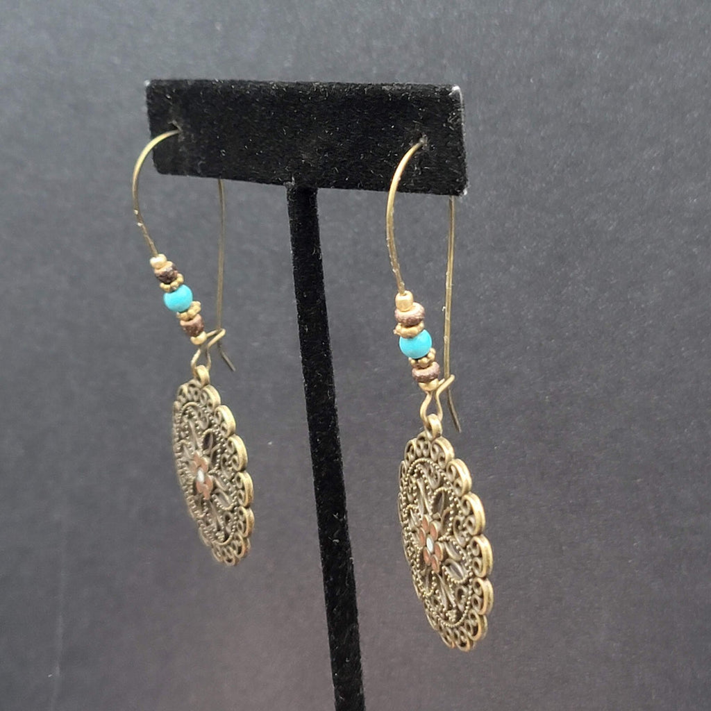 New Boho Pierced Earrings Antiqued Gold tone Blue Beas Enamel Mandala 2.75"
