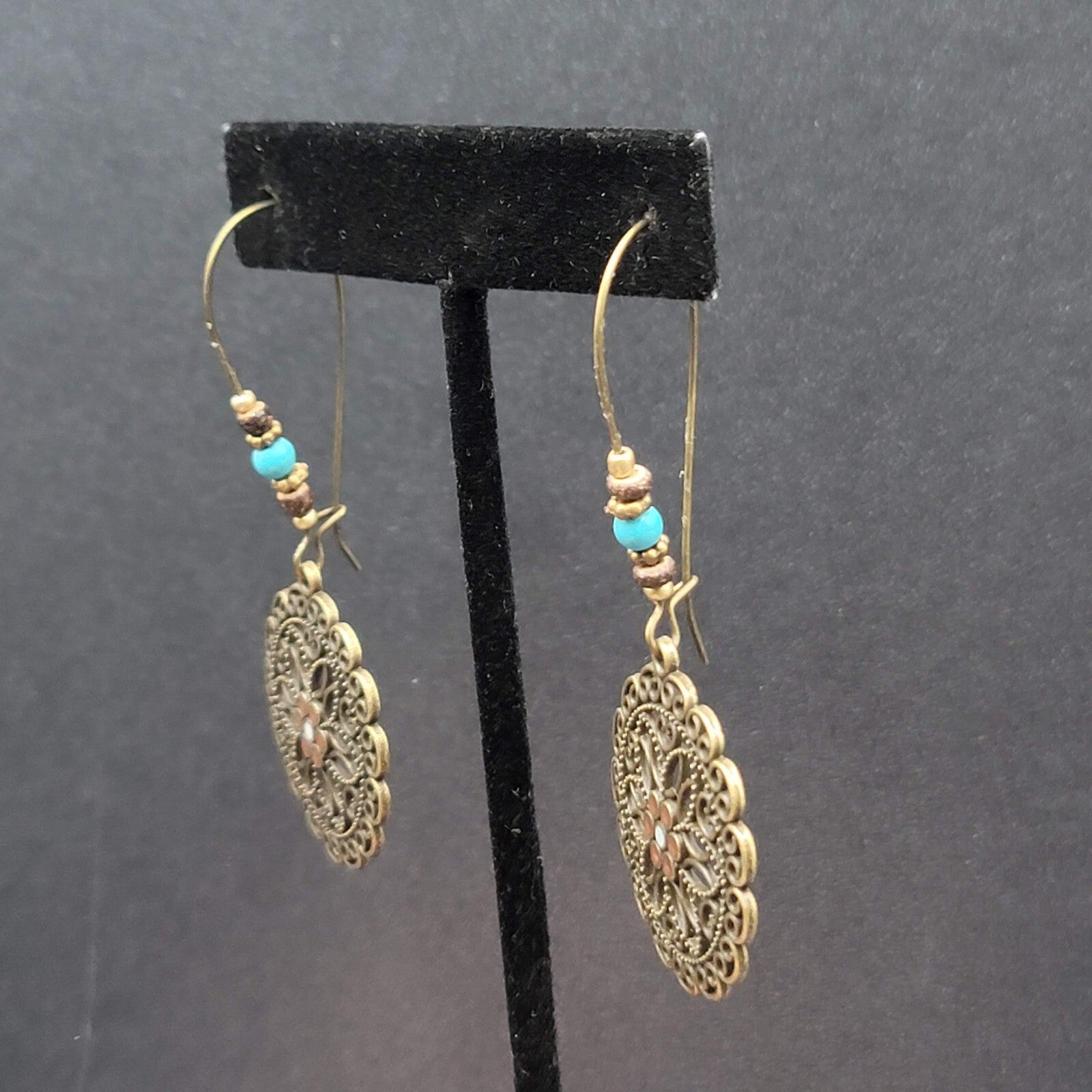 New Boho Pierced Earrings Antiqued Gold tone Blue Beas Enamel Mandala 2.75"