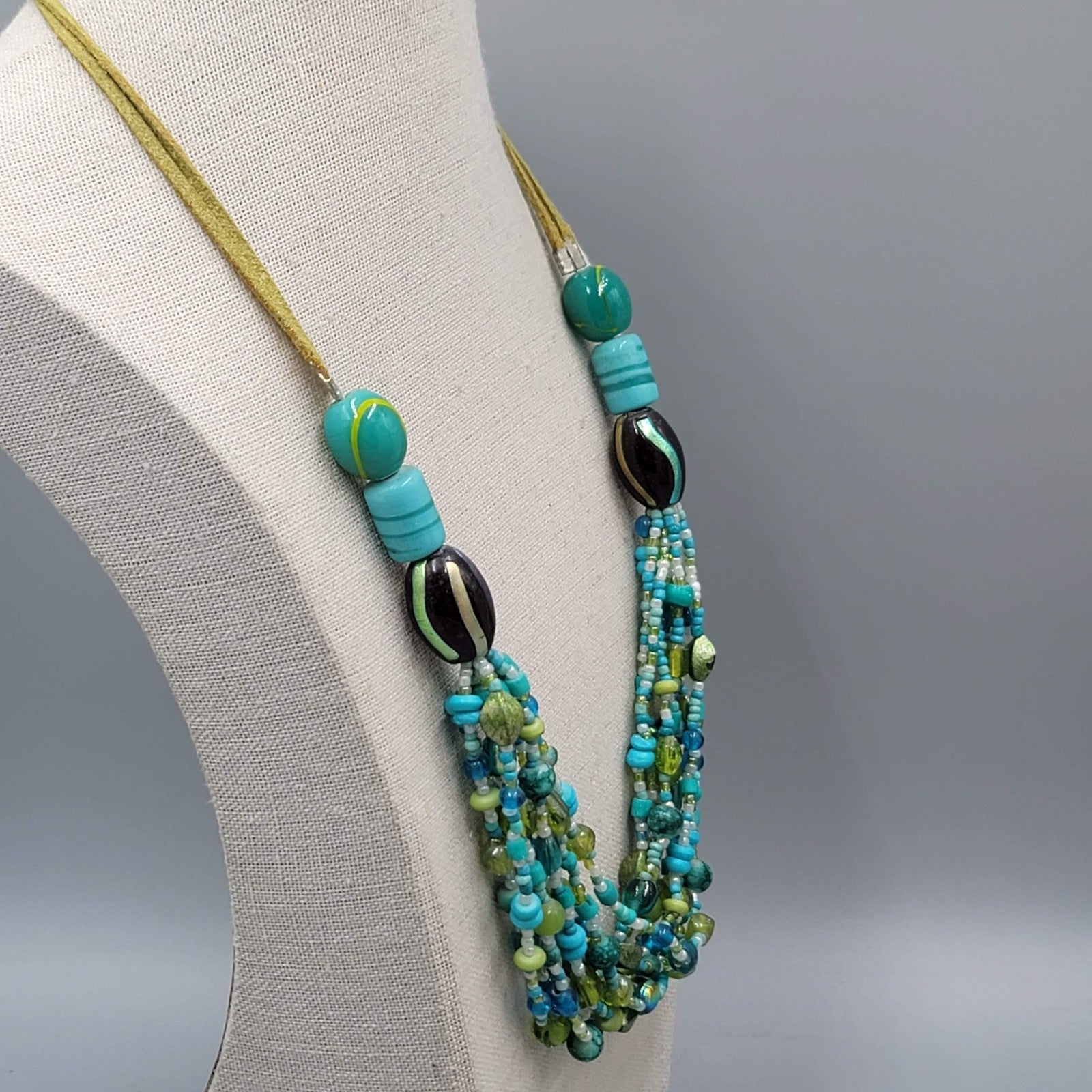 Green Blue Glass Bead Necklace Layered Statement 22"