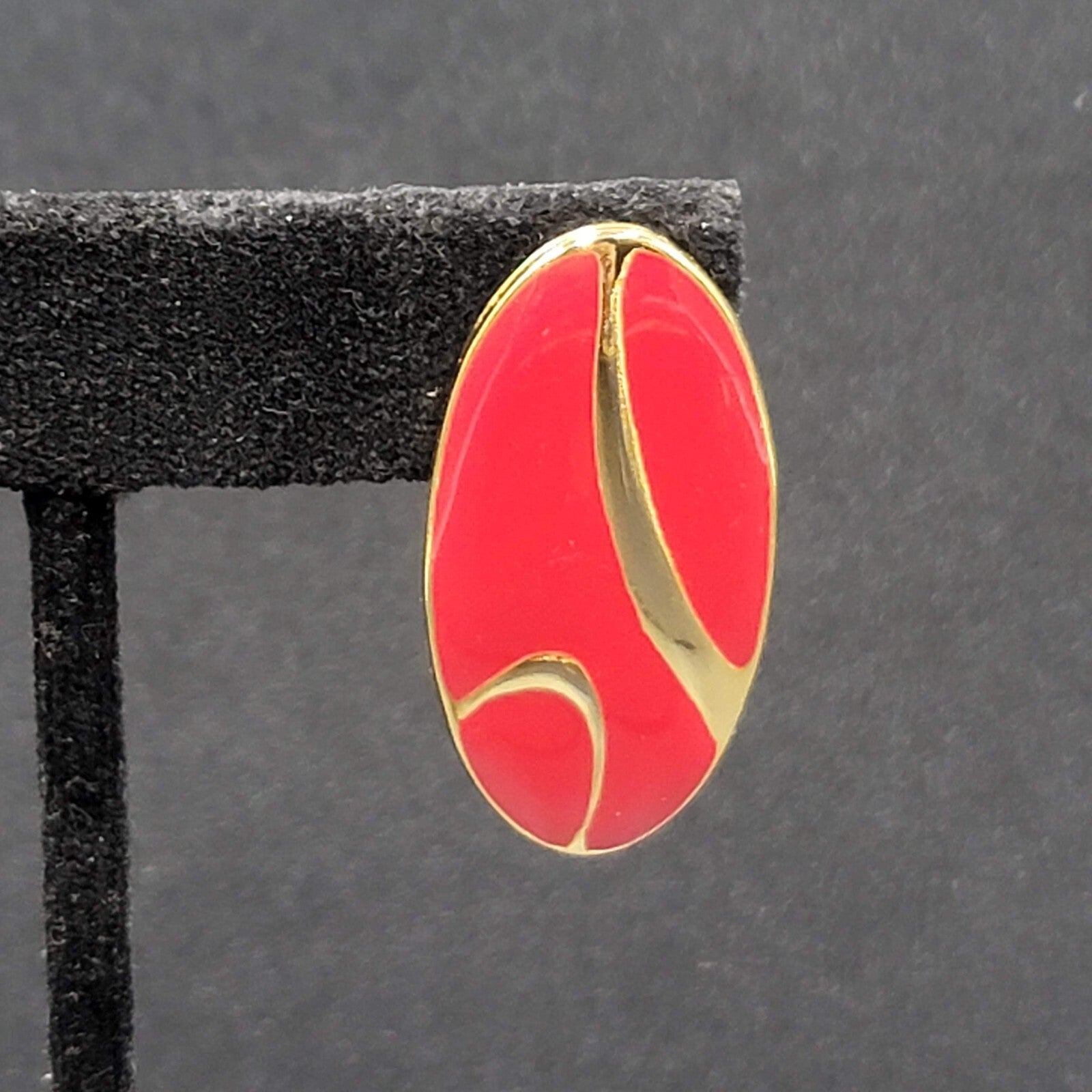 Vintage Pierced Earrings Gold tone Red Enamel Oval Drop 1.25"