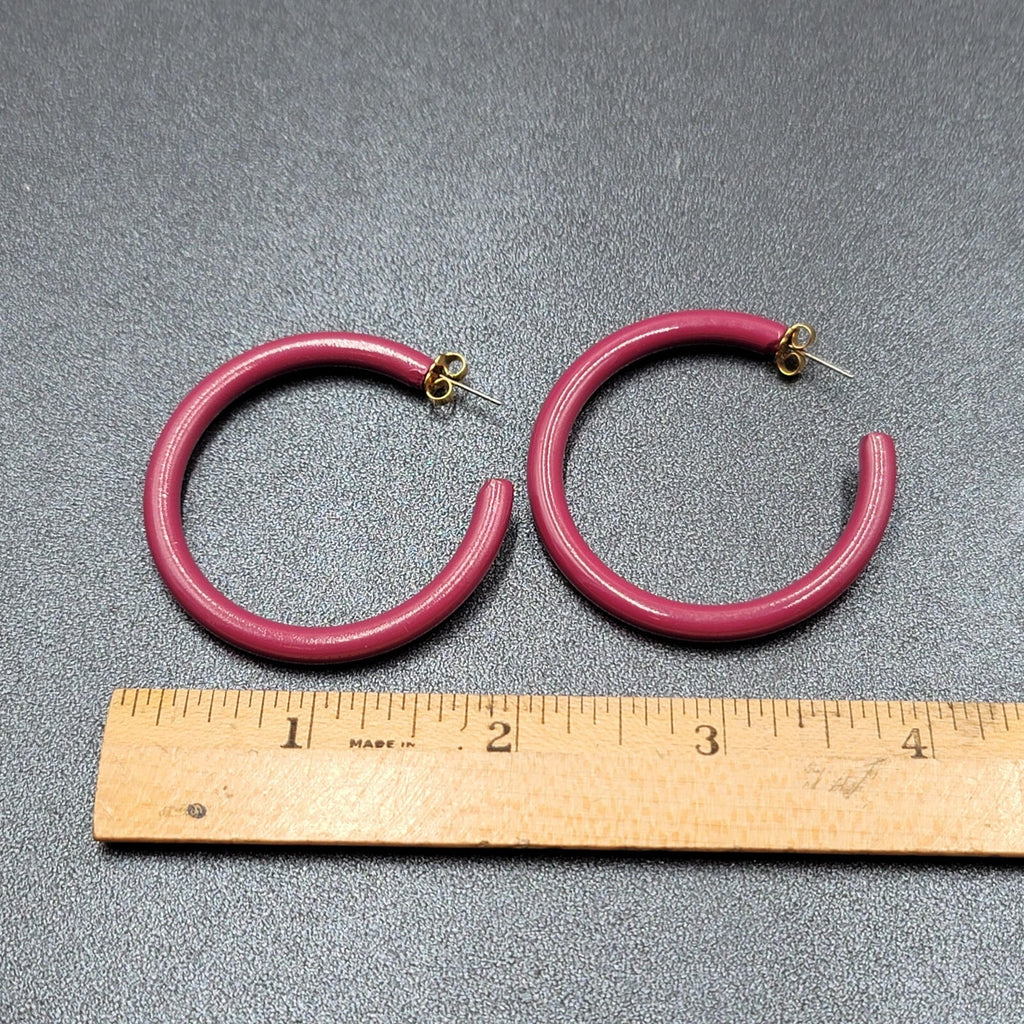 Vintage Pierced Earrings Purple Enamel Round Hoops  1 7/8"