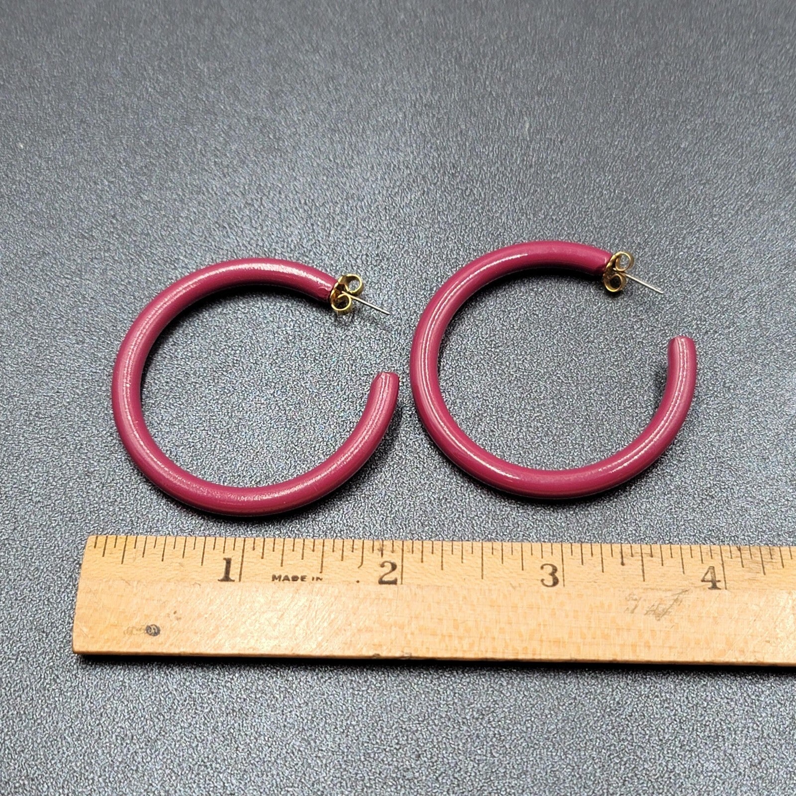 Vintage Pierced Earrings Purple Enamel Round Hoops  1 7/8"