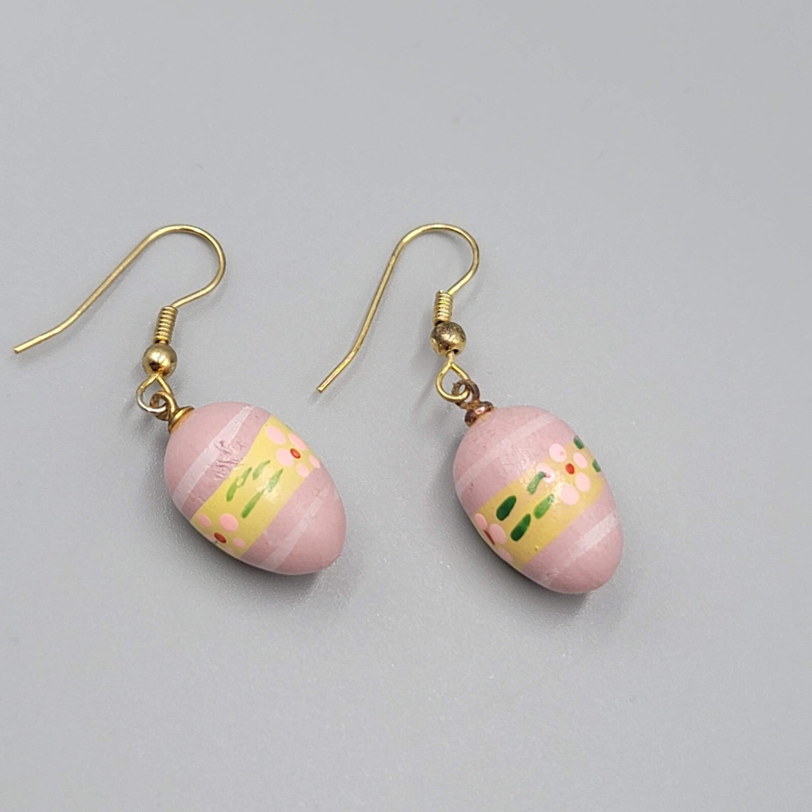 Vintage Pink Easter Egg Pierced Earrings Hand Painted Wood Dangle 7/8"