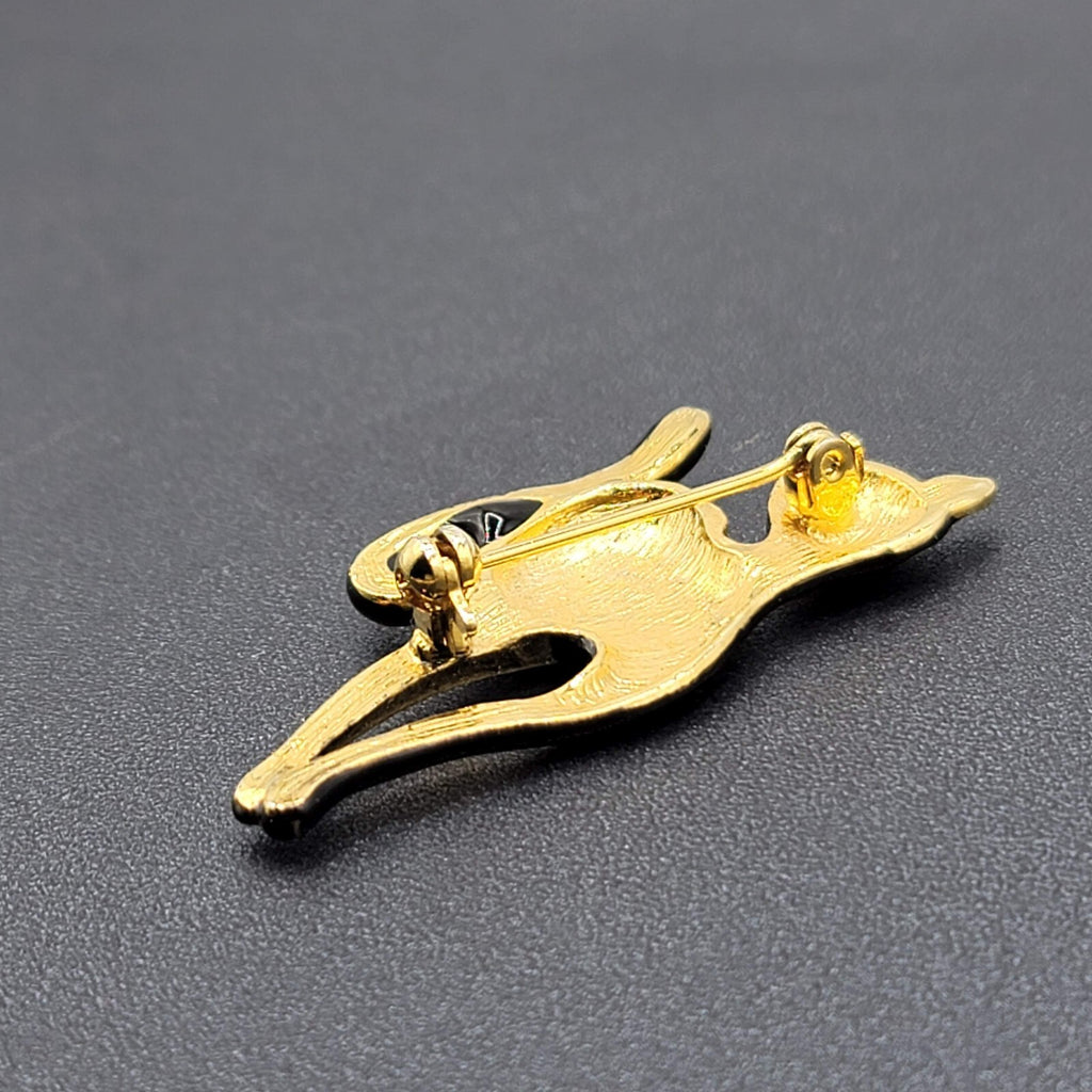 Vintage Black Cat Brooch Enamel Rhinestone Eyes 2.25"