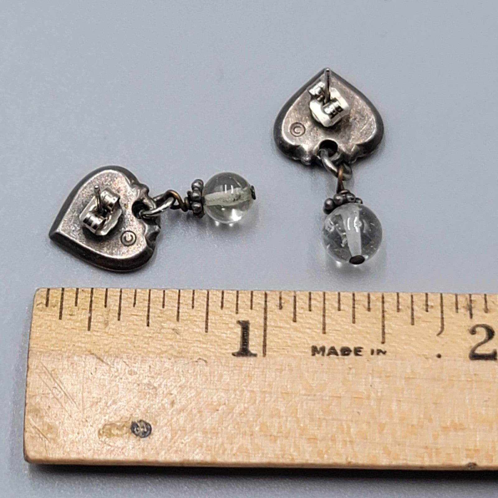 Vintage Pierced Earrings Dark Gray Clear Bead Dangle 1"