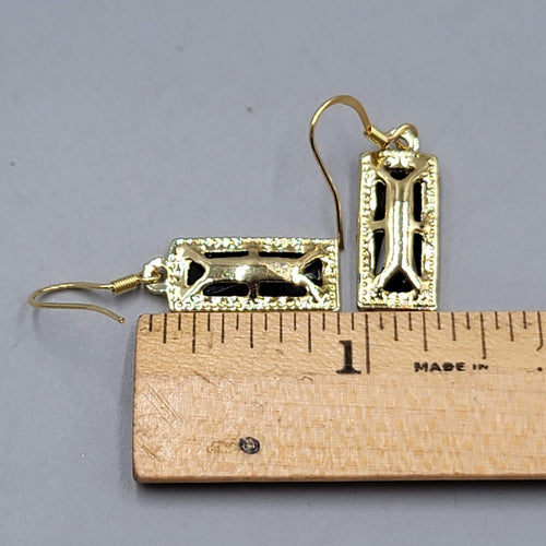 Black Rhinestone Rectangle Pierced Earrings Gold tone Dangle 7/8"