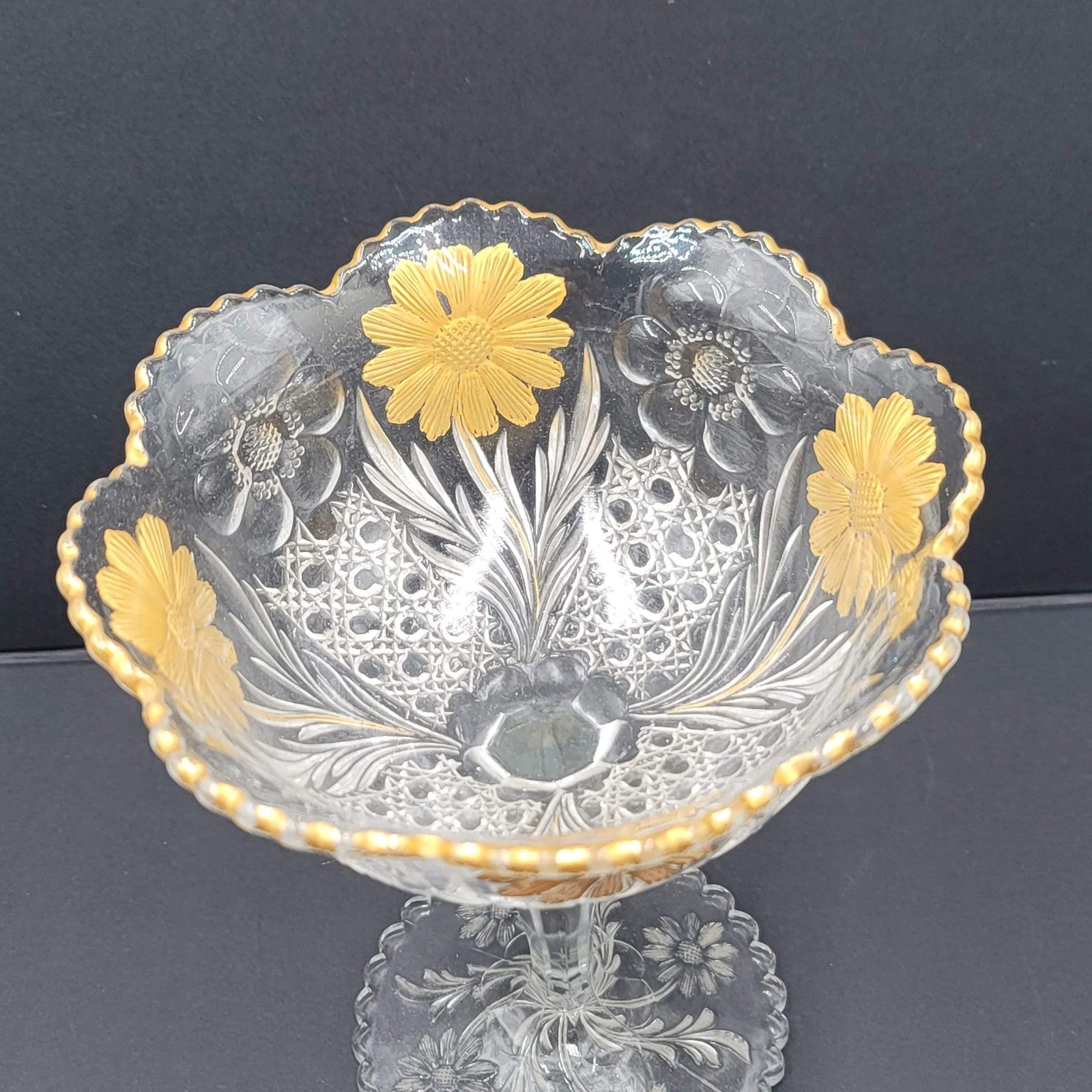 Pressed glass compote candy dish clear gold daisy floral pedestal scalloped rim