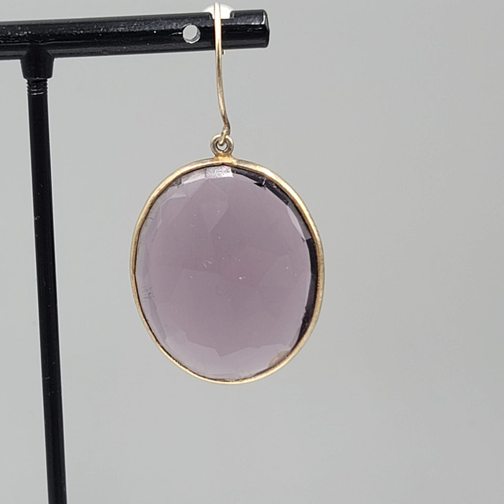 Pierced Earrings Gold tone Large Purple Faceted Glass Oval Dangle 1 3/8"