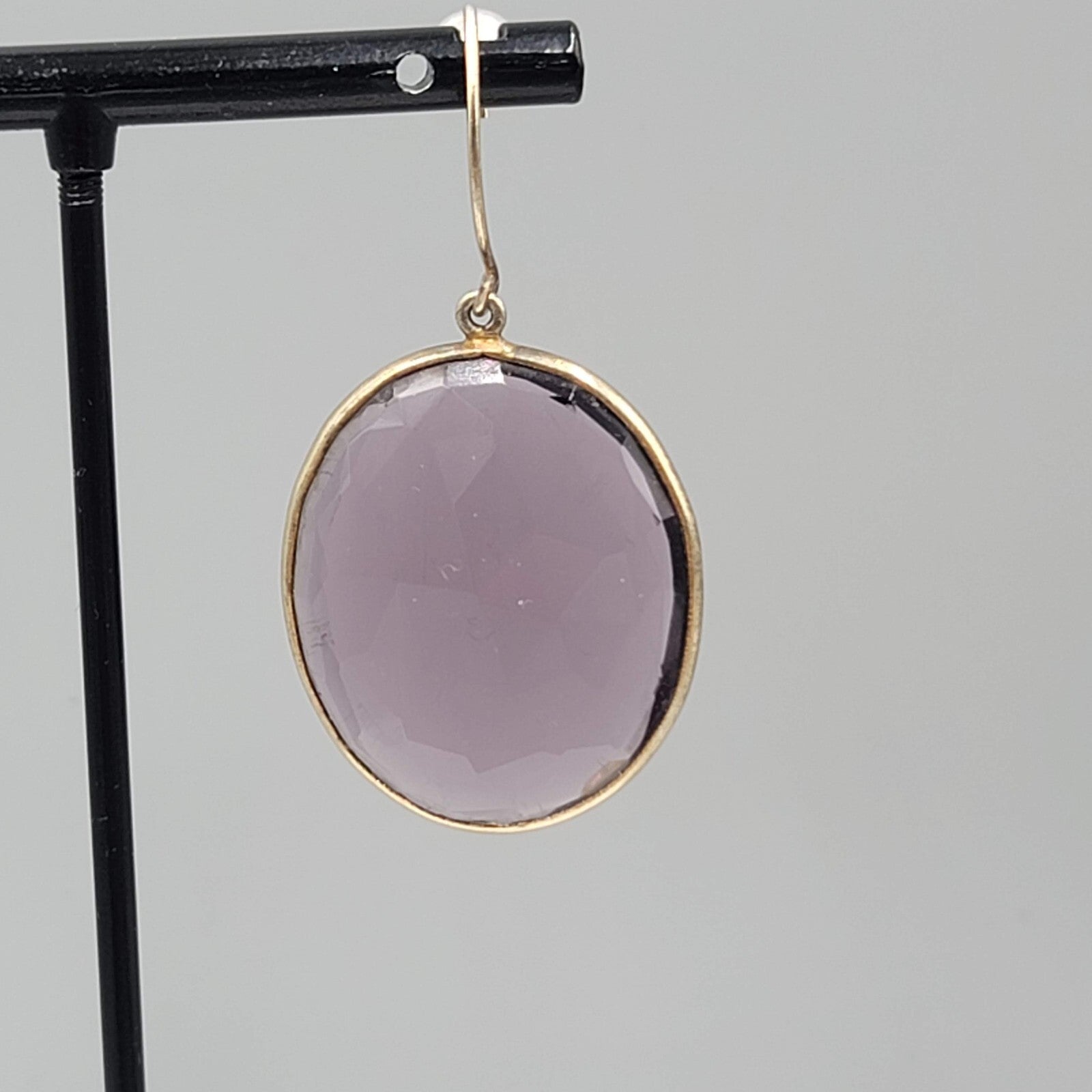 Pierced Earrings Gold tone Large Purple Faceted Glass Oval Dangle 1 3/8"