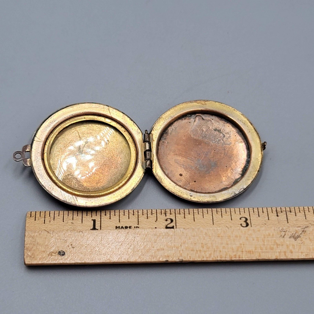 Antique Engraved Flower Double Photo Locket Pendant Bronze tone 1 5/8"