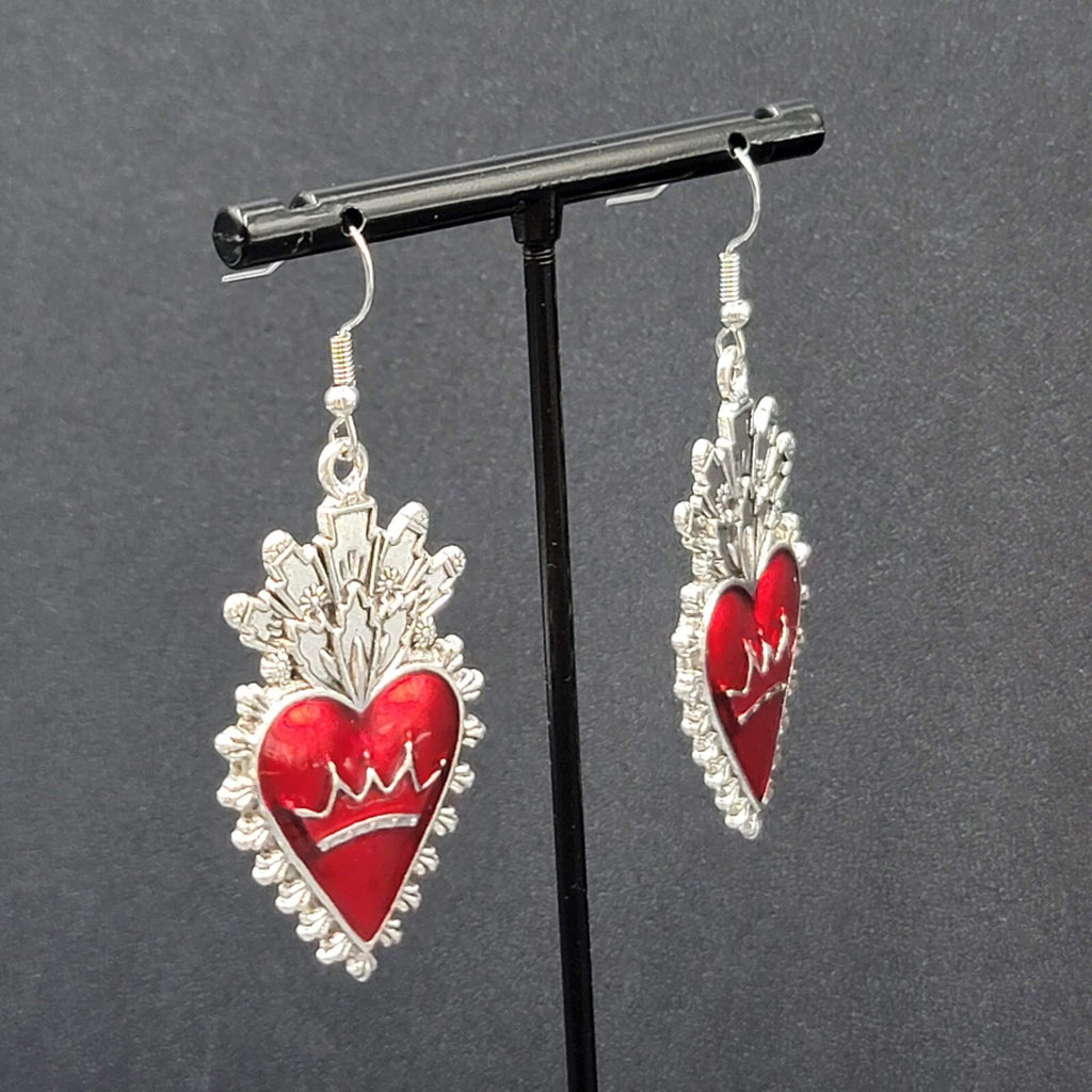 New Crown Heart Pierced Earrings Silver tone Red Goth Rock Dangle 1.75"
