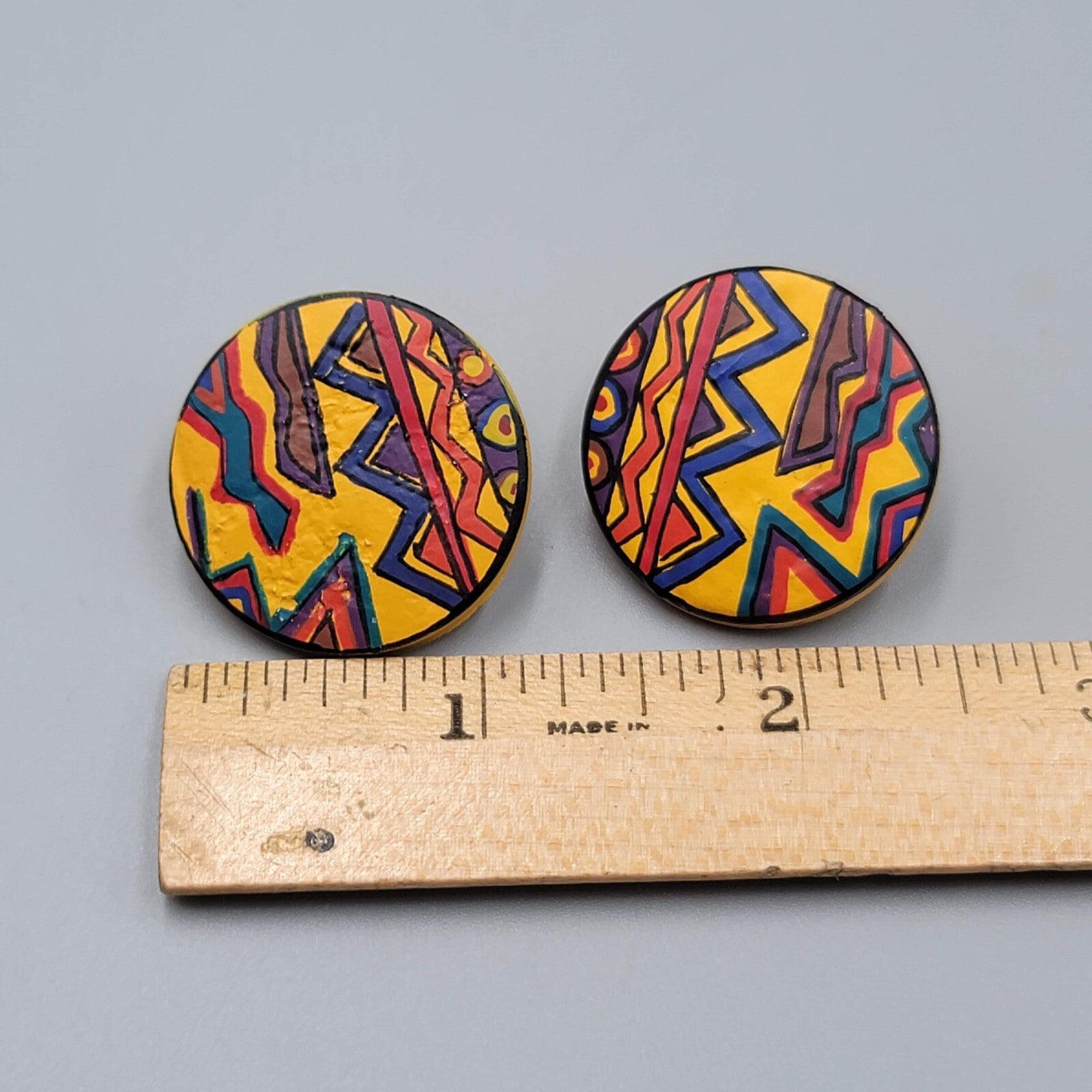 Vintage Pierced Earrings Hand Painted Multicolor Round Drop 1 1/8"