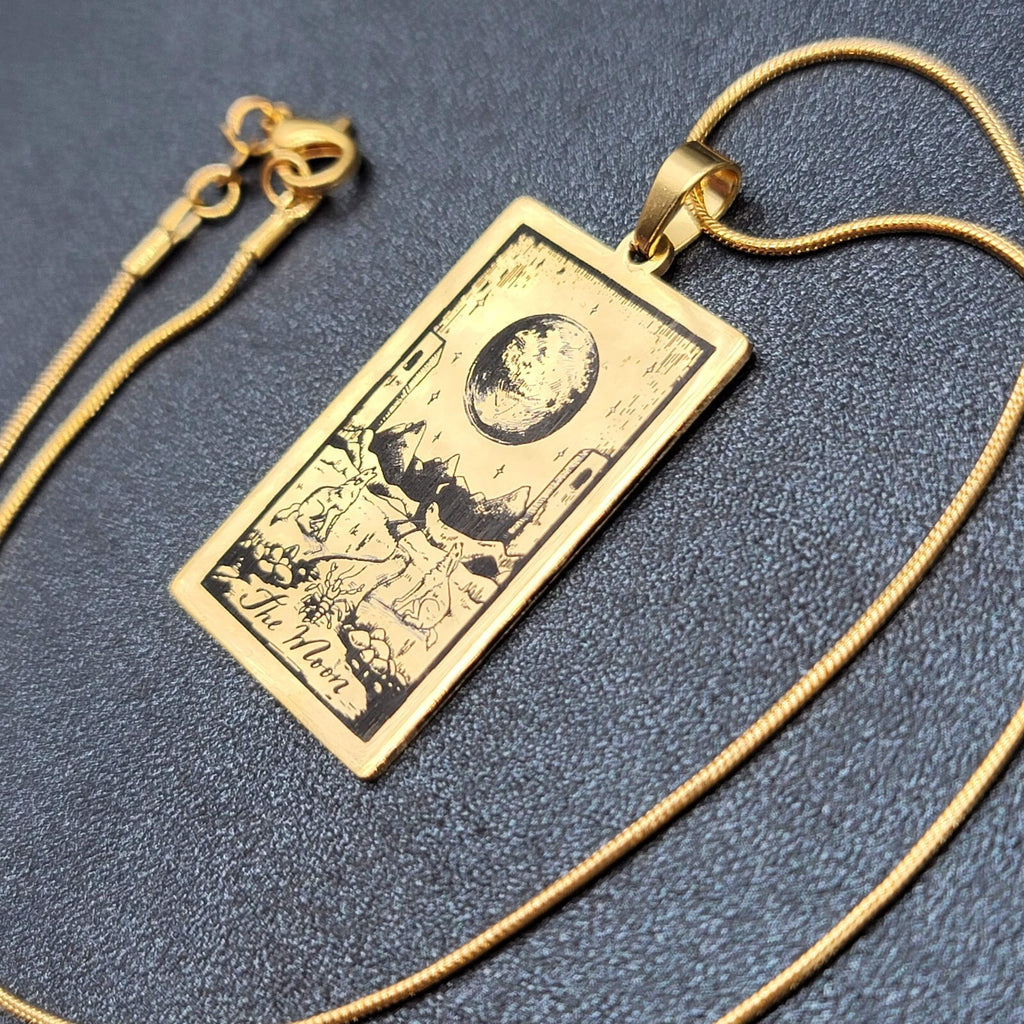 THE MOON Tarot Card Pendant Necklace Major Arcana Gold tone 18”.