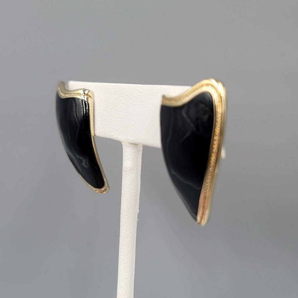 Vintage Pierced Earrings Gold tone Black Enamel Statement Drop 1.25"
