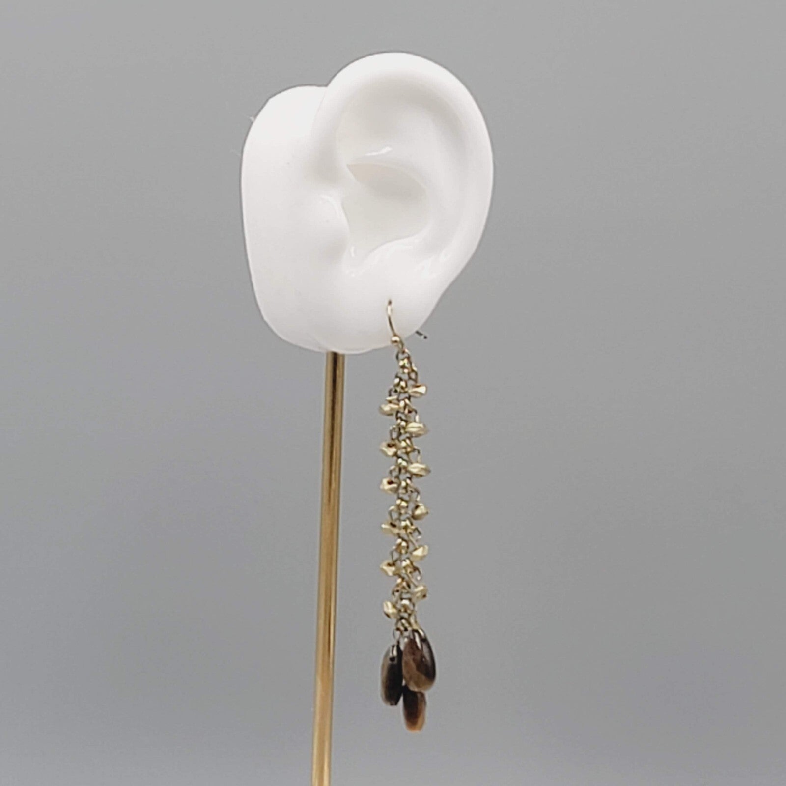 Long Tigers Eye Stone Bead Pierced Earrings Gold tone Dangle 3"