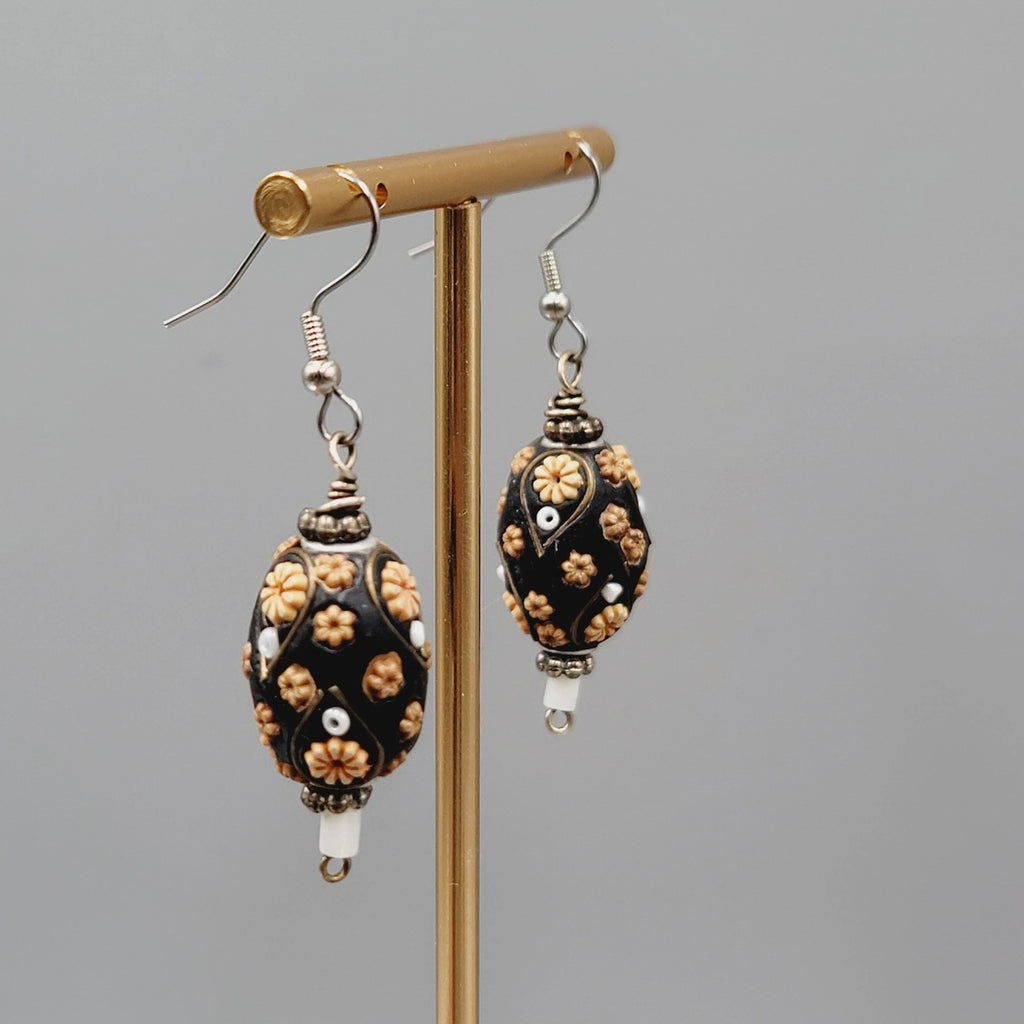 Handmade Floral Bead Pierced Earrings Boho Statement Dangle Silver tone 1.5"
