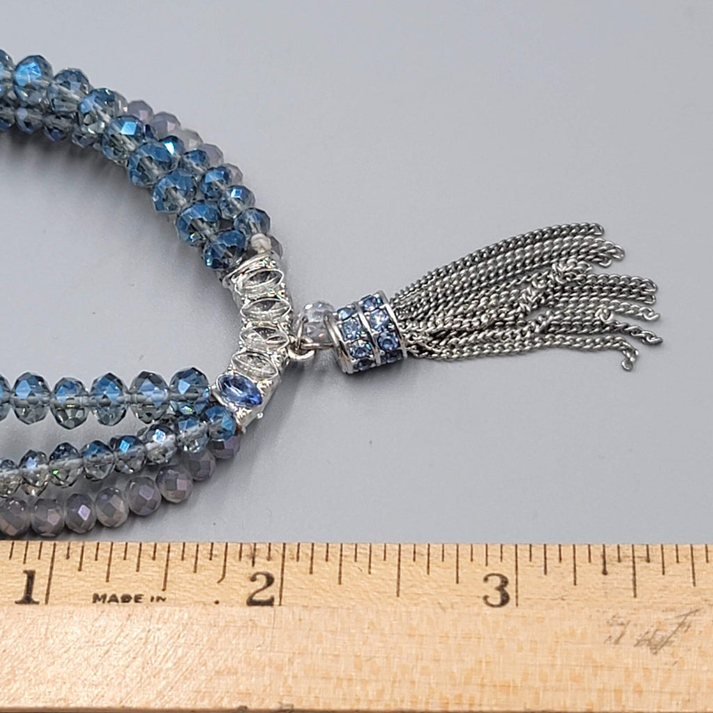 Blue Crystal Rhinestone Bracelet Layered Bead Elastic Silver tone Tassel Chains