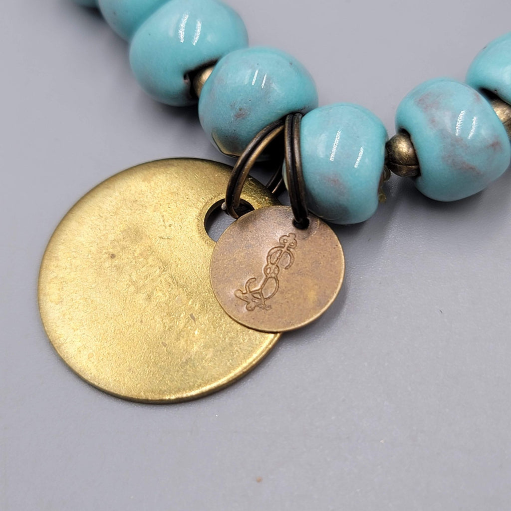 Signed Blue Pottery Blue Bracelet Brass HUMBLE Charm 6.5" Elastic Stretch