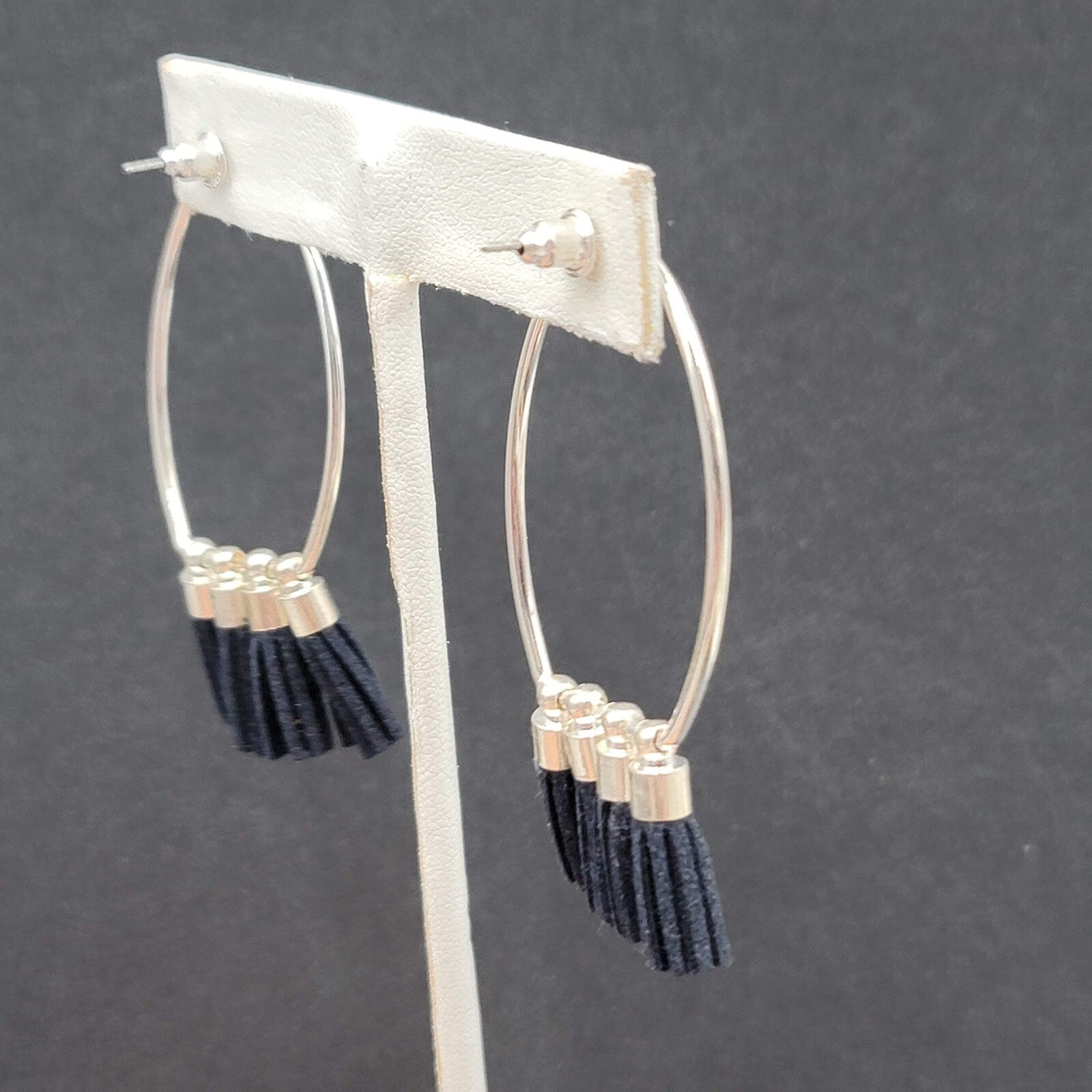 Pierced Earrings Silver tone Open Hoop Black Tassel Drop 2 1/8"