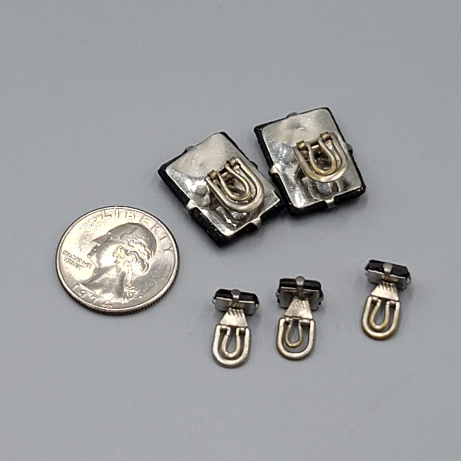 Vintage Cufflinks and Shirt Stud Set Black Glass Rhinestone Silver tone