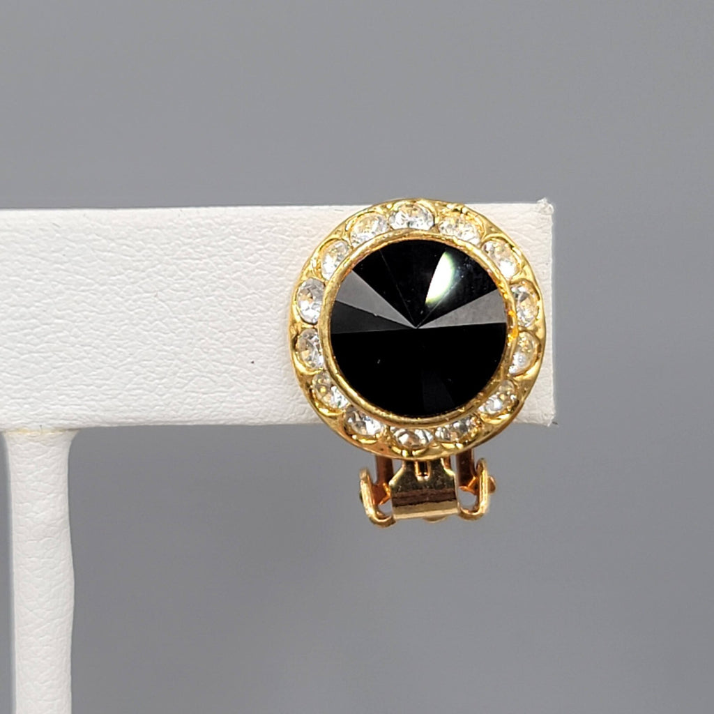 Vintage Black Rivoli Rhinestone Studs Clip on Earrings Round 5/8"