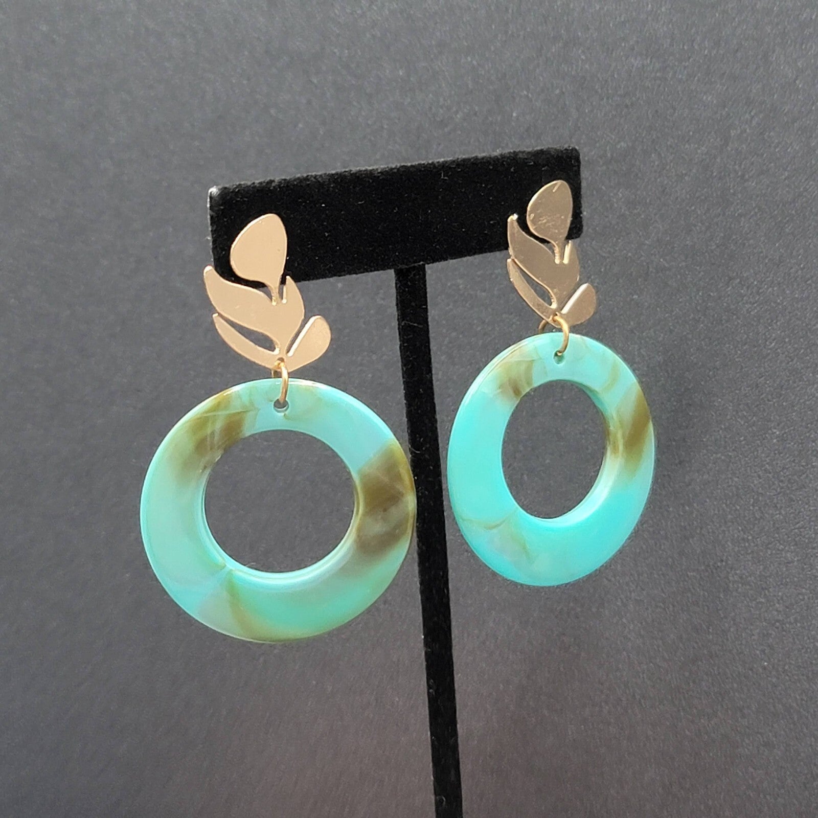 Pierced Earrings Gold tone Turquoise Acrylic Lightweight 2.25"