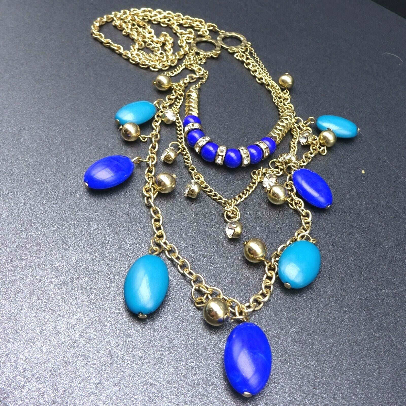 Signed VCLM Necklace Gold tone Multi Layer Blue Bead Chain Long 28" - 31"