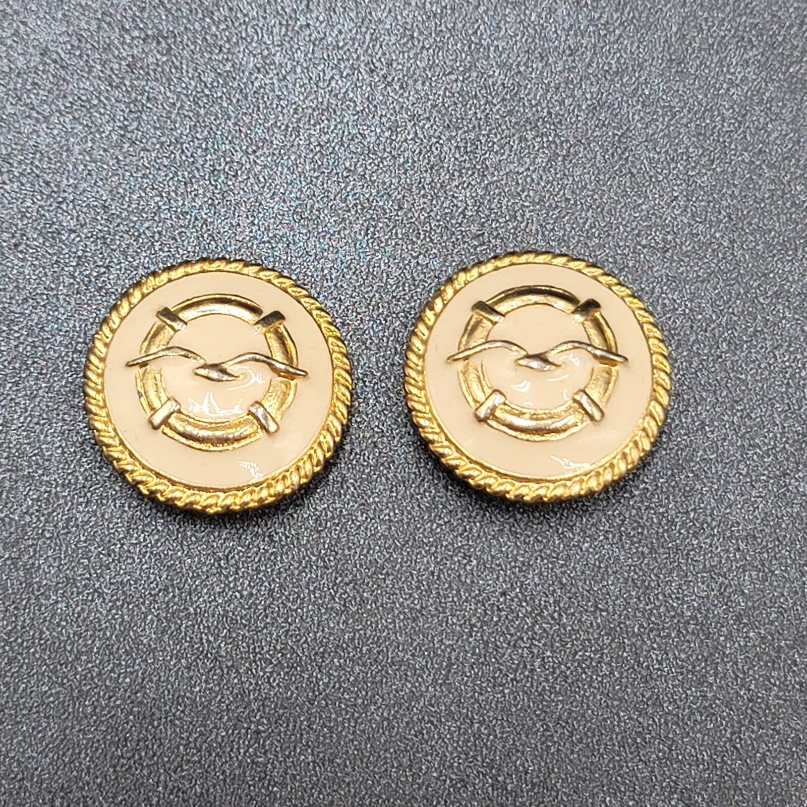 Vintage Clip on Earrings Gold Plated White Enamel Seagull Nautical Round 1 1/8"
