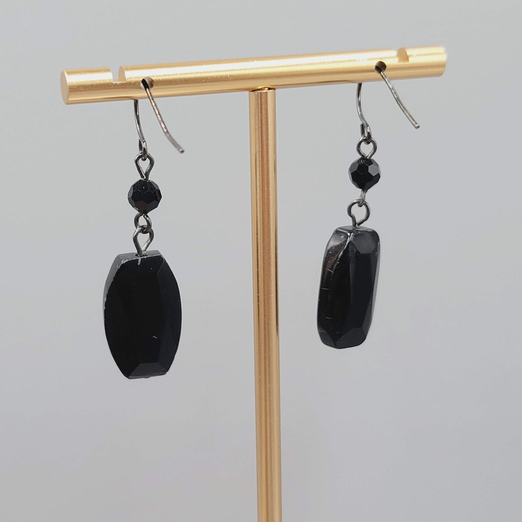 Black Glass Bead Pierced Earrings 1Black Metal Dangle 1.25"