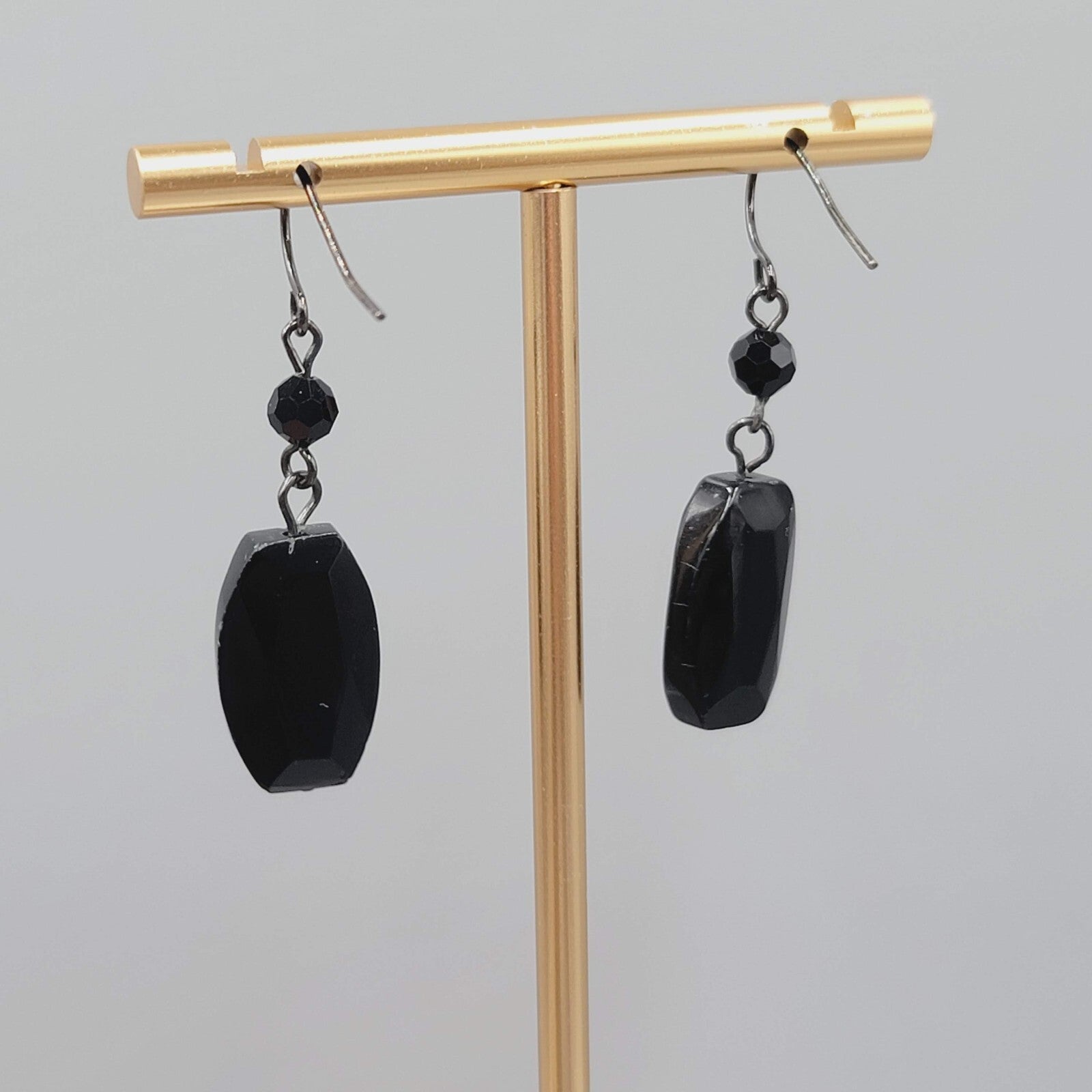Black Glass Bead Pierced Earrings 1Black Metal Dangle 1.25"