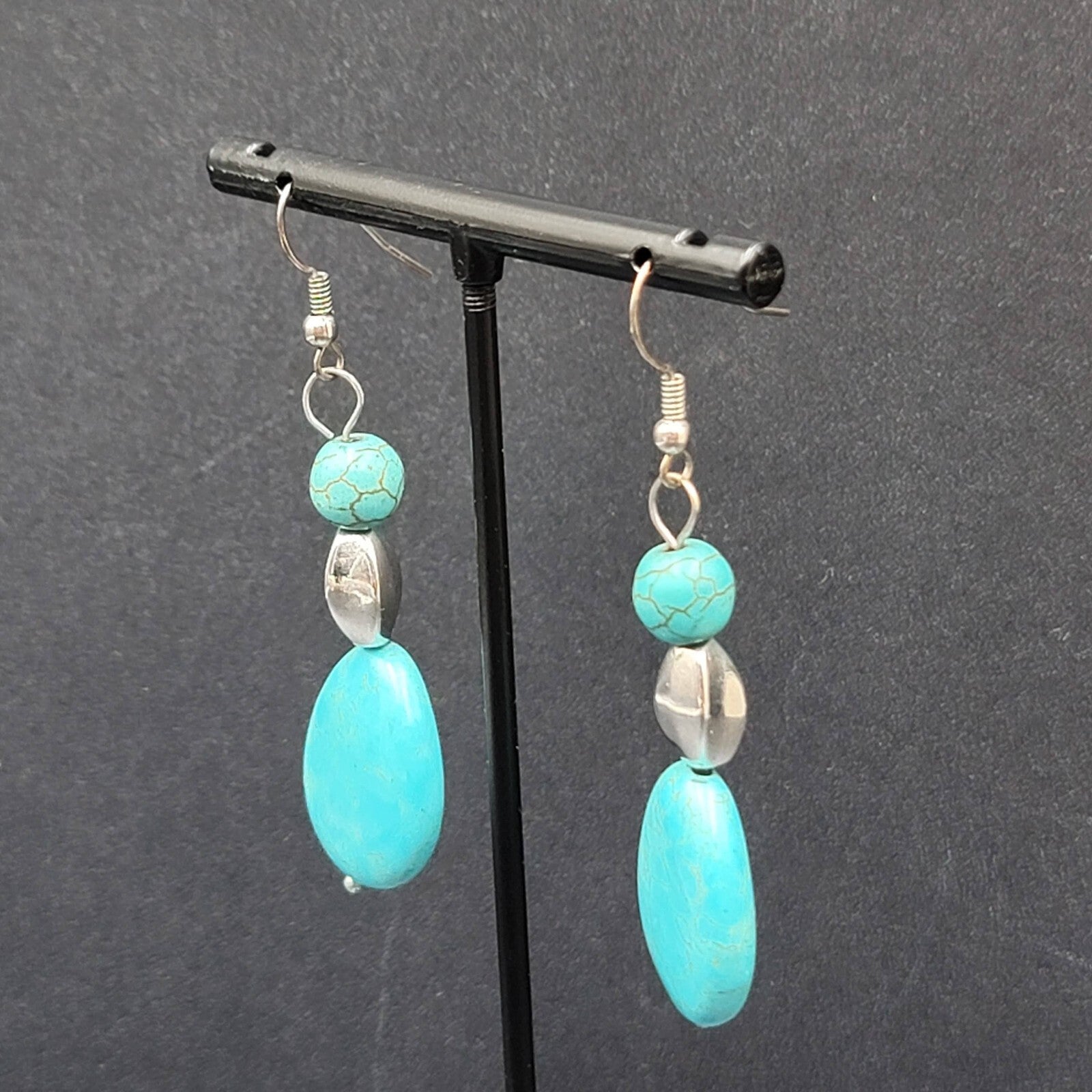 Pierced Earrings Silver tone Dyed Blue Howlite Teardrop Stone Beads 2"