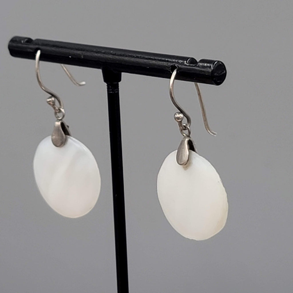 Sterling Silver Pierced Earrings Round Mother of Pearl Dangle 7/8"