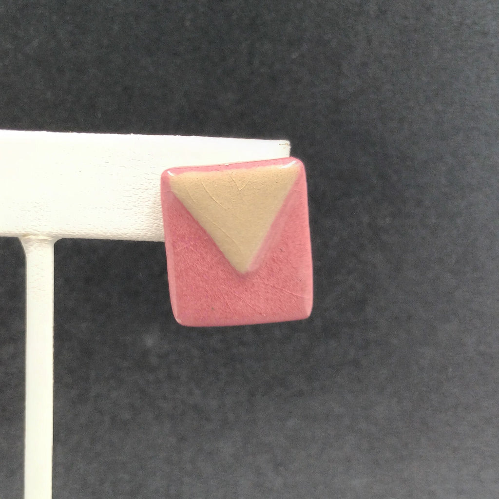 Vintage Pierced Earrings Pink Brown Geometric Ceramic Tile Rectangle Drop 7/8"