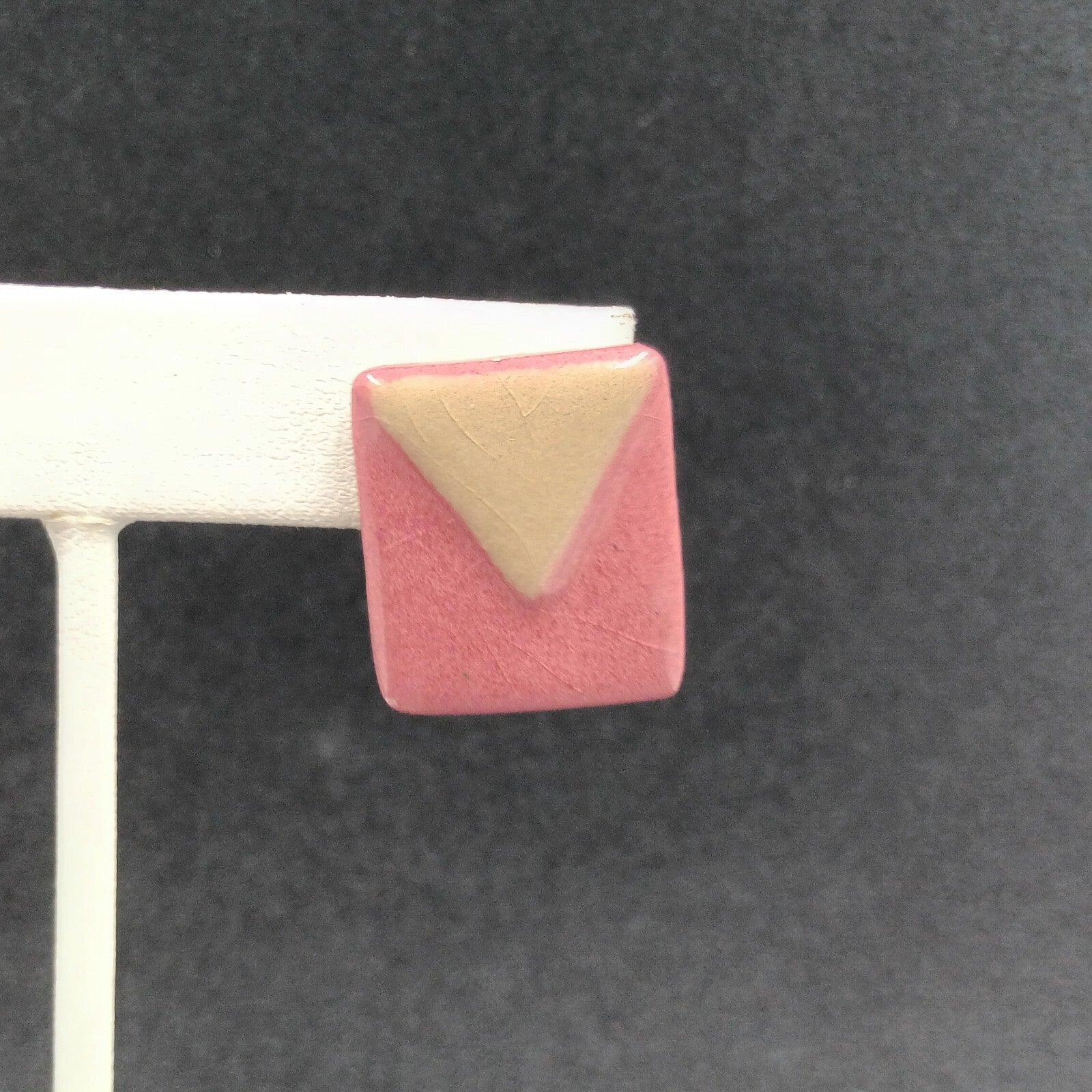Vintage Pierced Earrings Pink Brown Geometric Ceramic Tile Rectangle Drop 7/8"