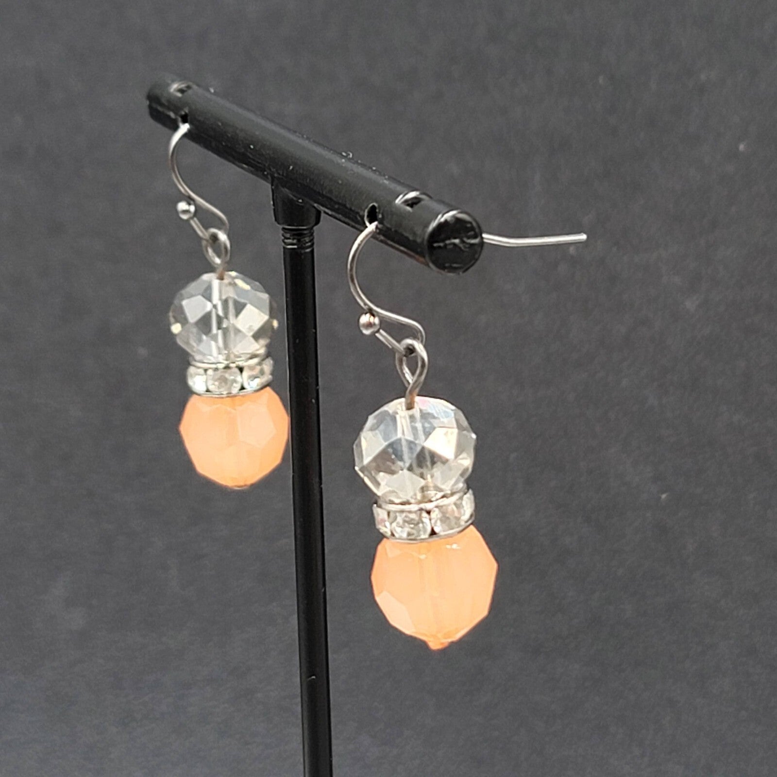 Pierced Earrings Black Metal Peach Clear Crystal Faceted Beads Dangle 1"
