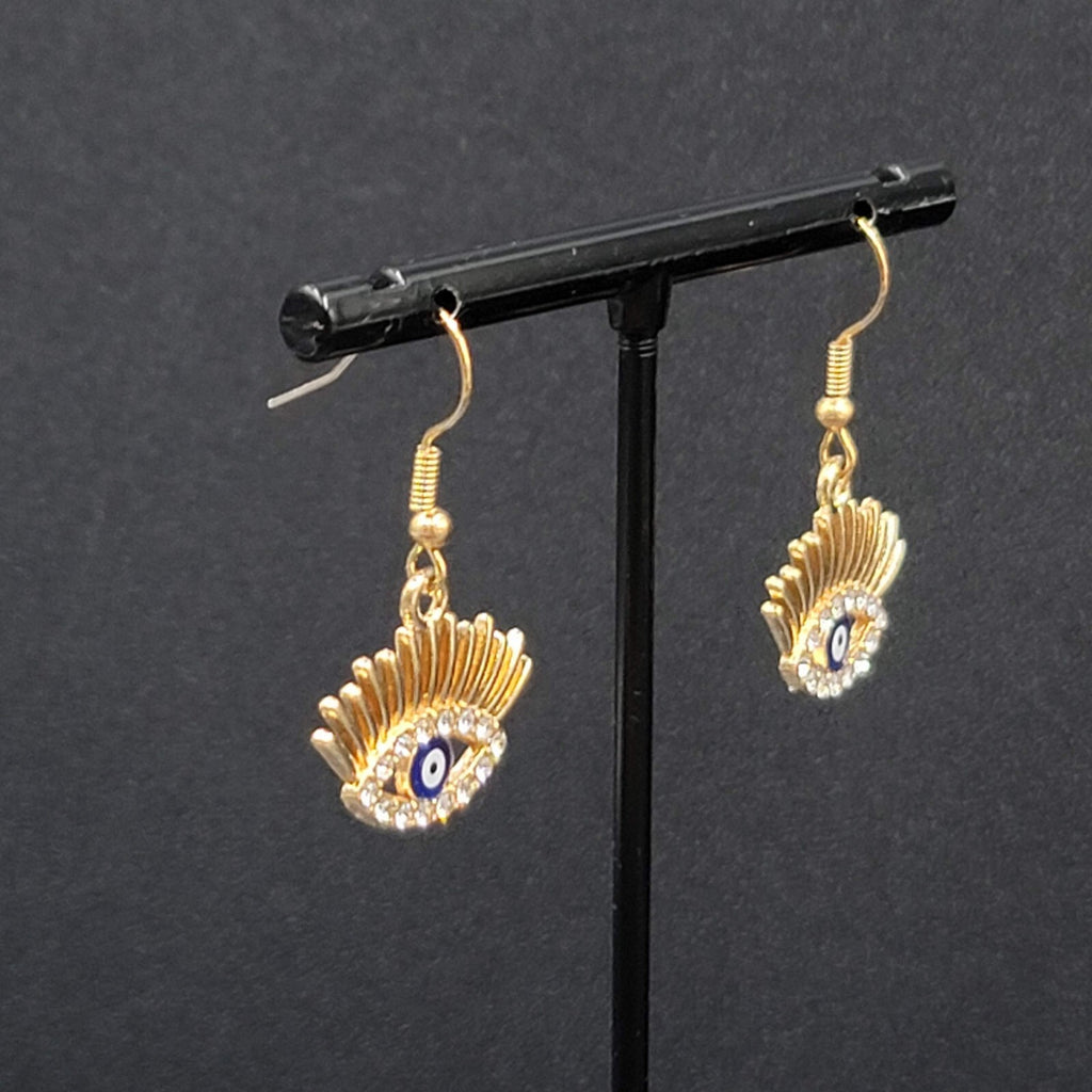 New Evil Eye Pierced Earrings Gold tone Enamel Dangle Eyelashes 5/8"